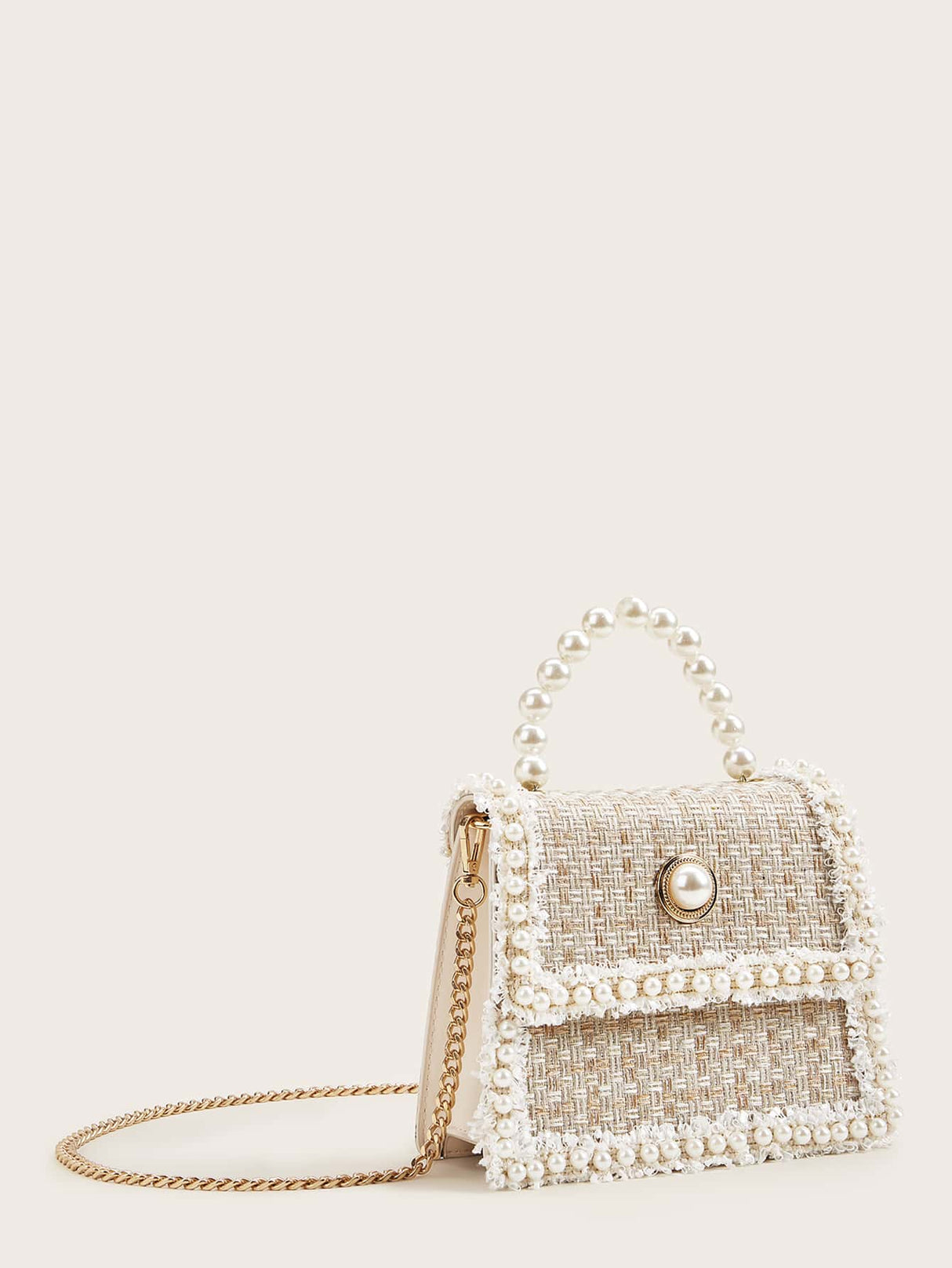 Buy SHEIN Lightweight,Business Casual Glitter, Shiny, Luxury, Glamorous, Elegant, Exquisite Mini Faux Pearl Decor Tweed Satchel Bag in Pakistan