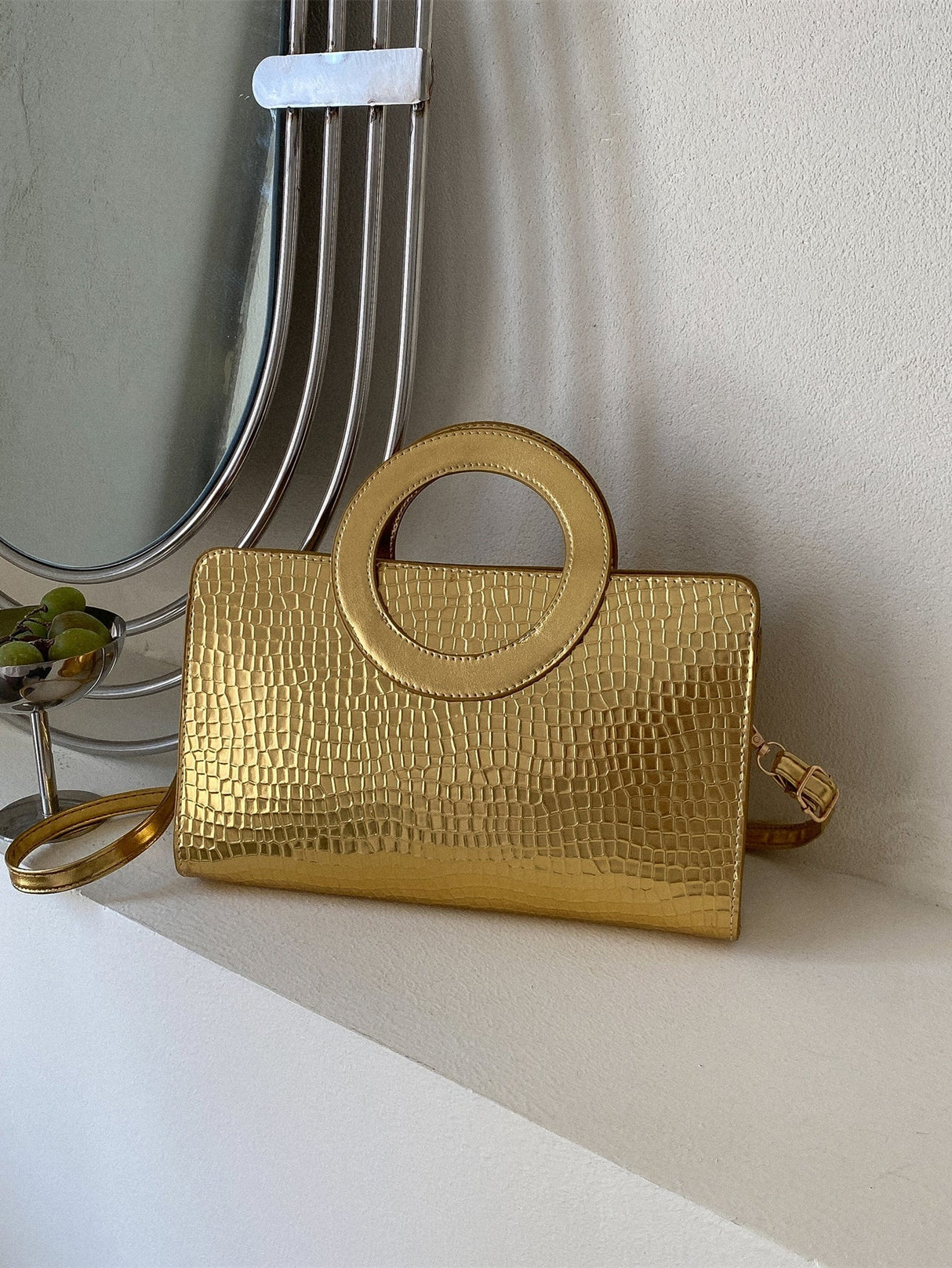 Buy SHEIN Lightweight,Business Casual Metallic Crocodile Embossed Top Ring Square Bag in Pakistan