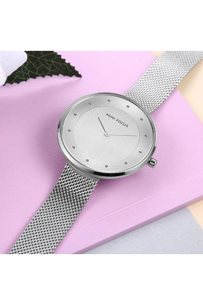 Buy Mini Focus Silver Stainless Steel Mesh Silver Dial Quartz Watch for Ladies- MF0179L-02 in Pakistan