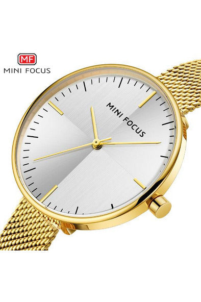 Buy Mini Focus Gold Stainless Steel Mesh Silver Dial Quartz Watch for Ladies- MF0275L-05 in Pakistan