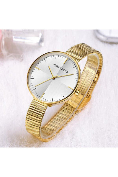 Buy Mini Focus Gold Stainless Steel Mesh Silver Dial Quartz Watch for Ladies- MF0275L-05 in Pakistan