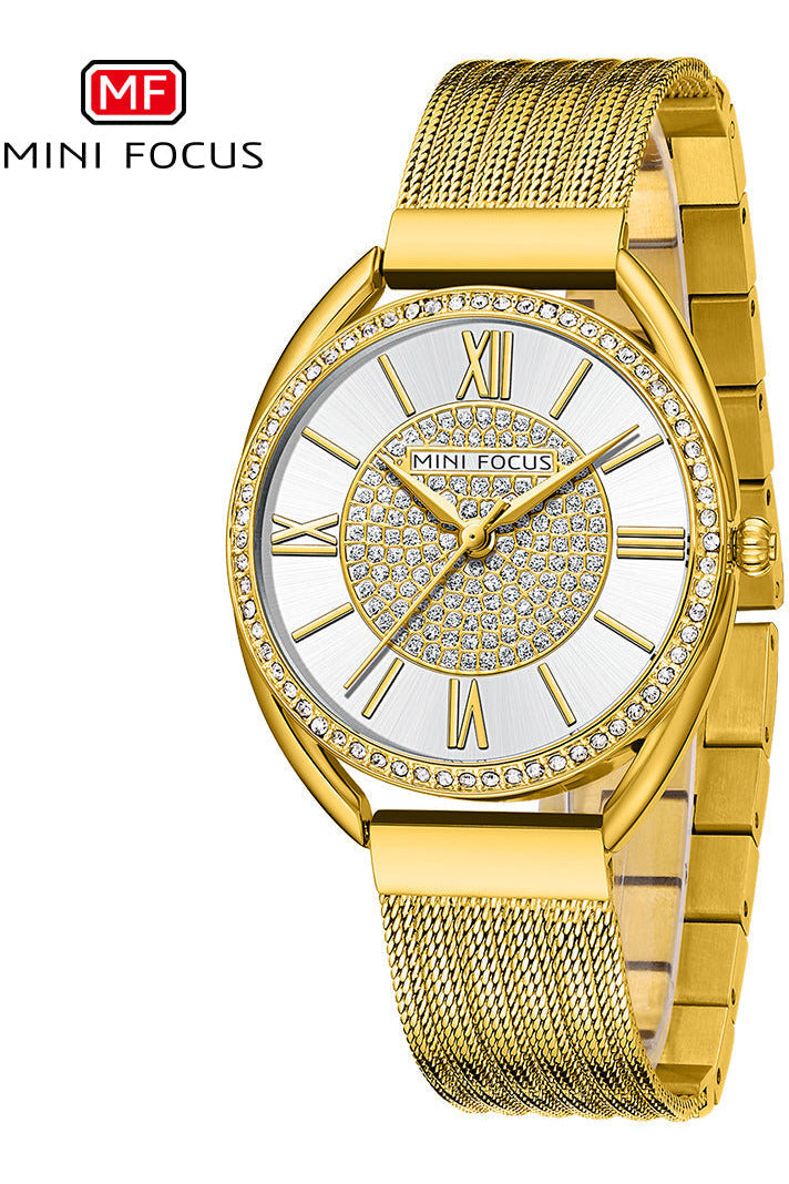 Buy Mini Focus Gold Stainless Steel Mesh White Dial Japanese Watch for Ladies- MF0425L-02 in Pakistan