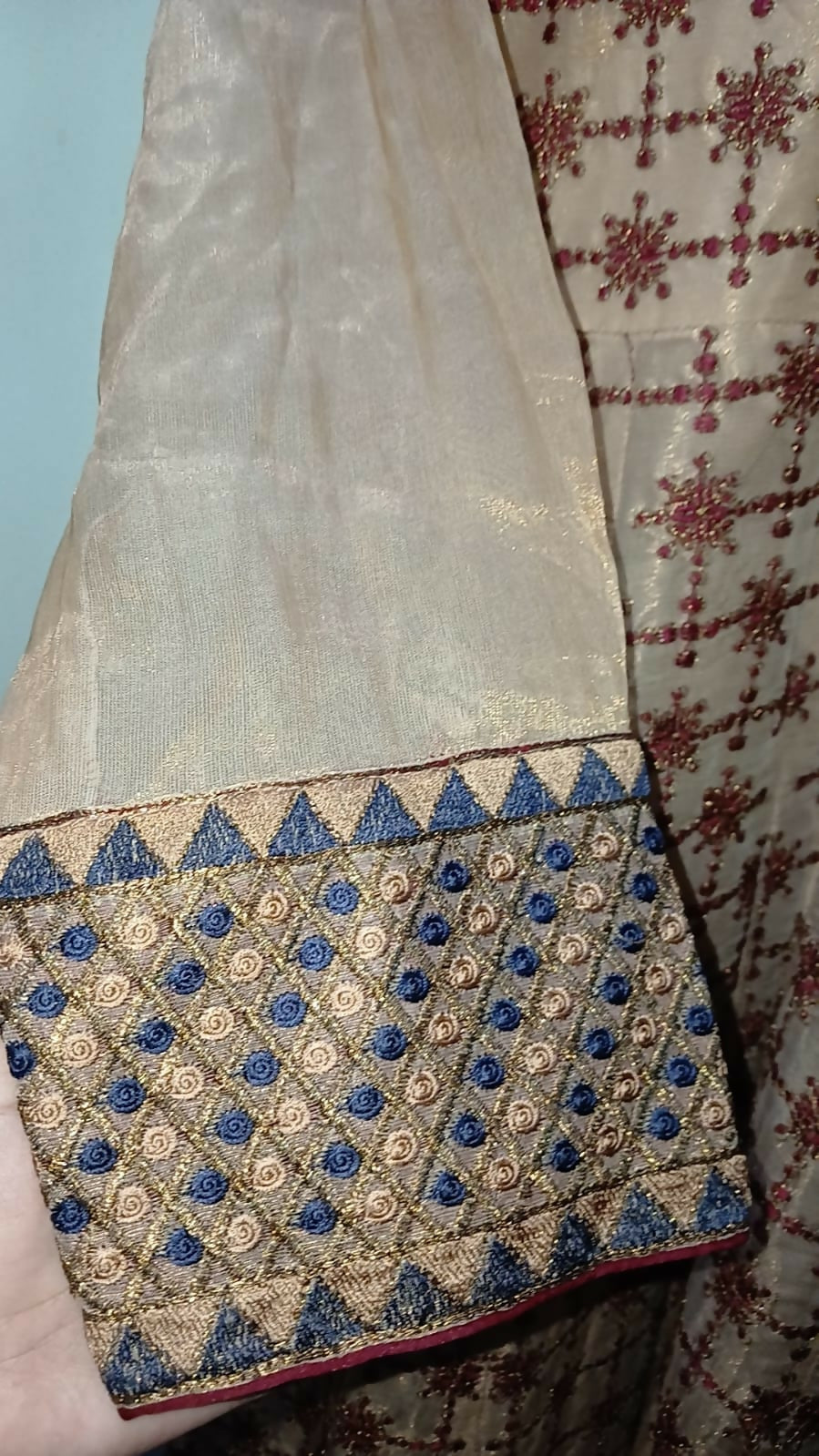 Brown Embroidered Golden & Pink 2Pcs Maxi | Women Frocks & Maxis | Medium | Preloved