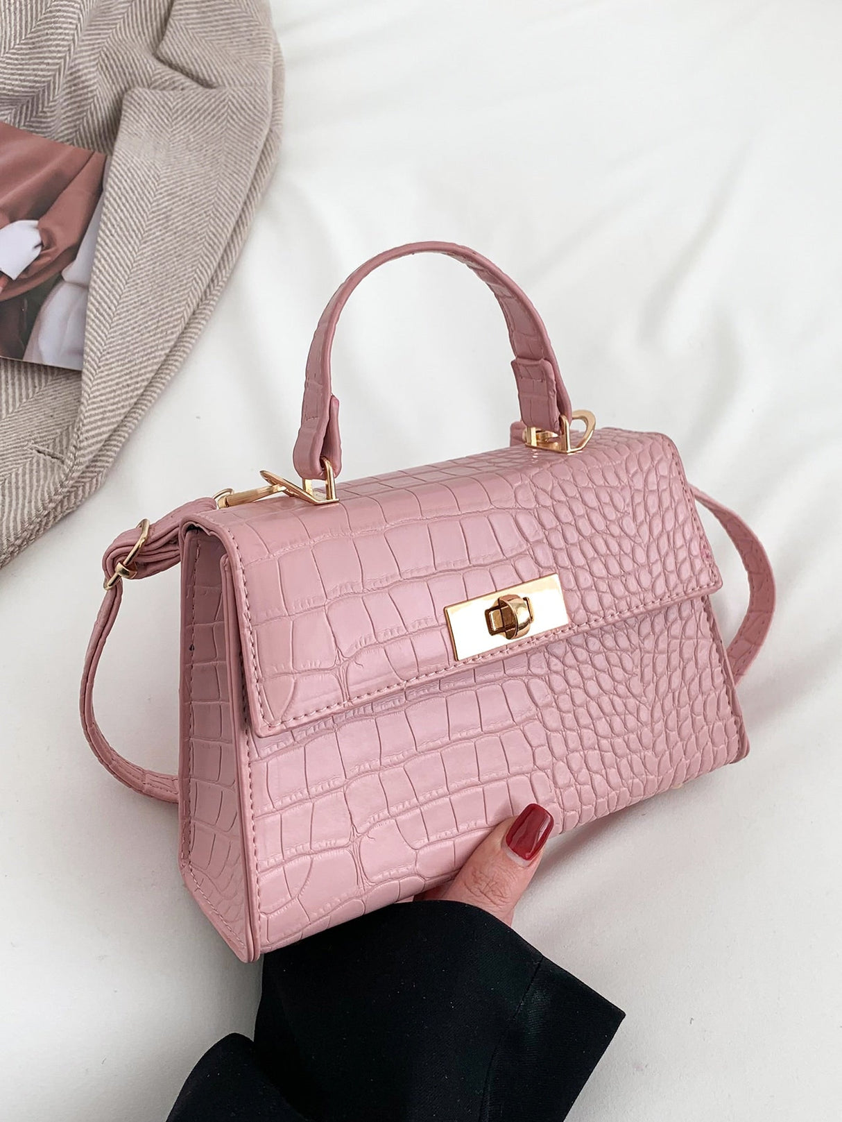 Buy SHEIN Mini Crocodile Embossed Twist Lock Flap Square Bag in Pakistan
