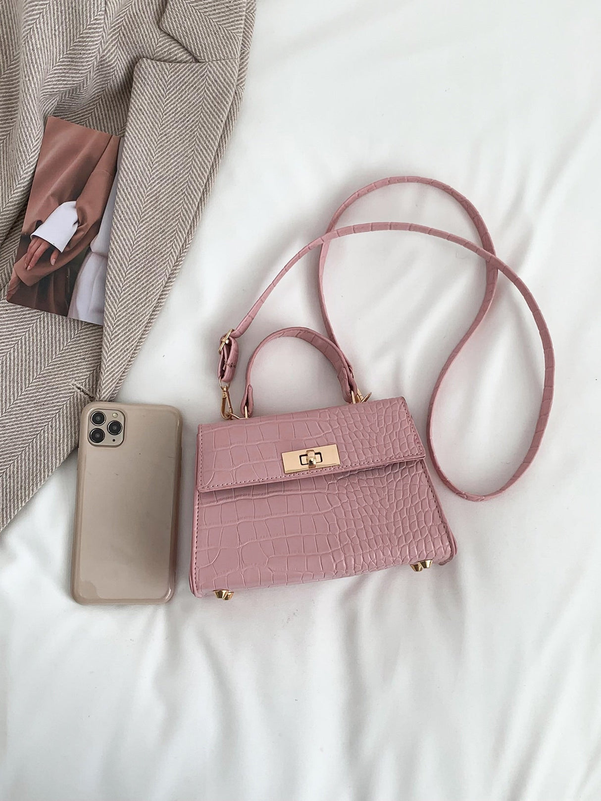 Buy SHEIN Mini Crocodile Embossed Twist Lock Flap Square Bag in Pakistan