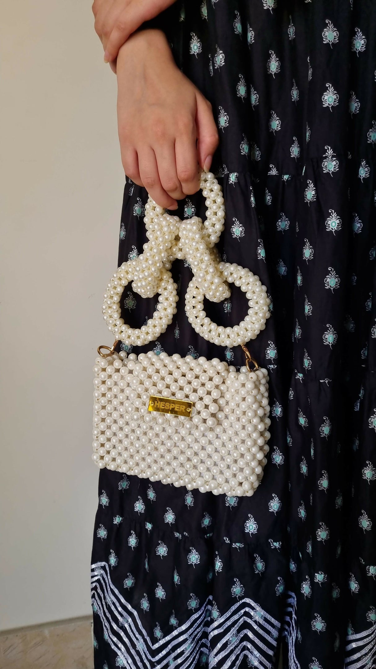 Pearl Beaded Bag with Unique Rings Handle | Brand New | Pearls Bag