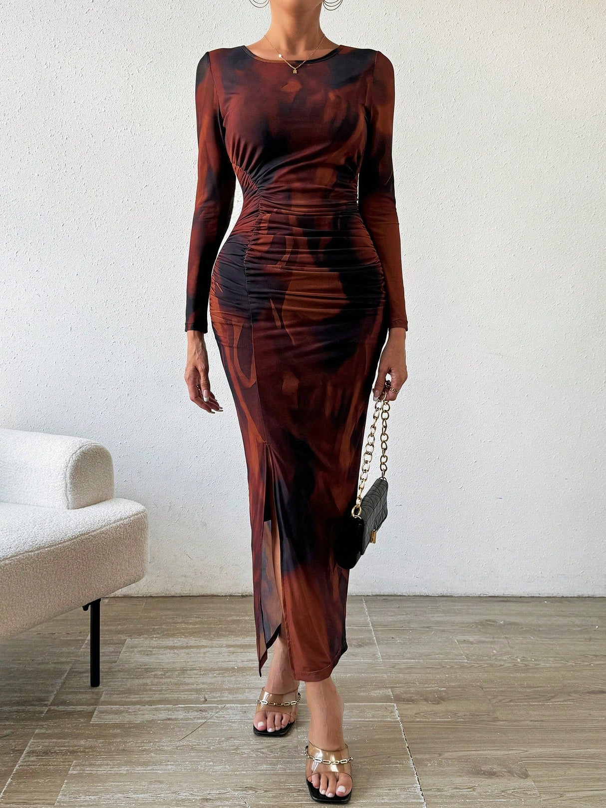 Buy SHEIN BAE Allover Print Ruched Split Thigh Dress in Pakistan