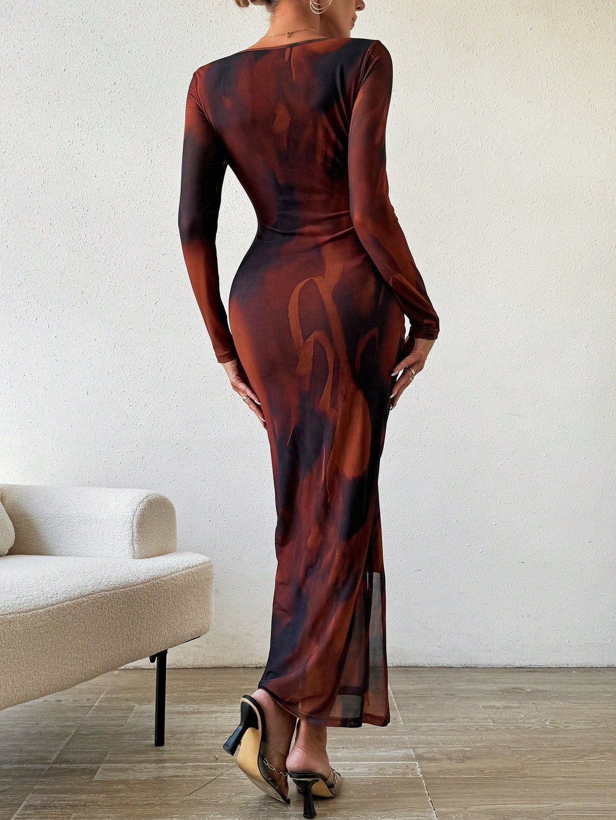Buy SHEIN BAE Allover Print Ruched Split Thigh Dress in Pakistan