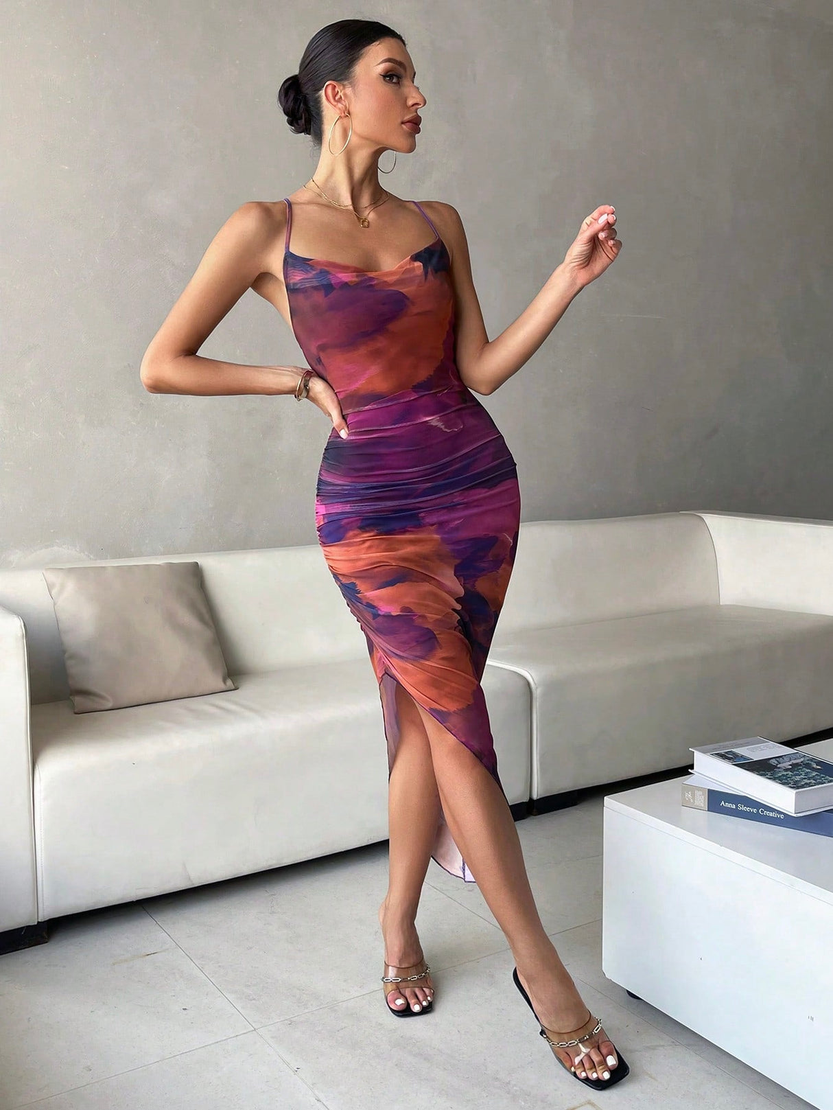 Buy SHEIN BAE Tie Dye Draped Collar Split Thigh Cami Dress in Pakistan