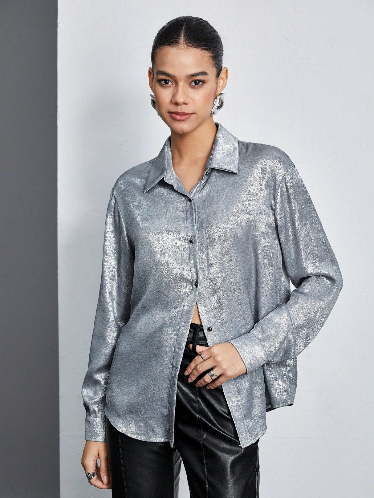 Buy SHEIN BIZwear Women's Solid Color Textured Long Sleeve Shirt in Pakistan