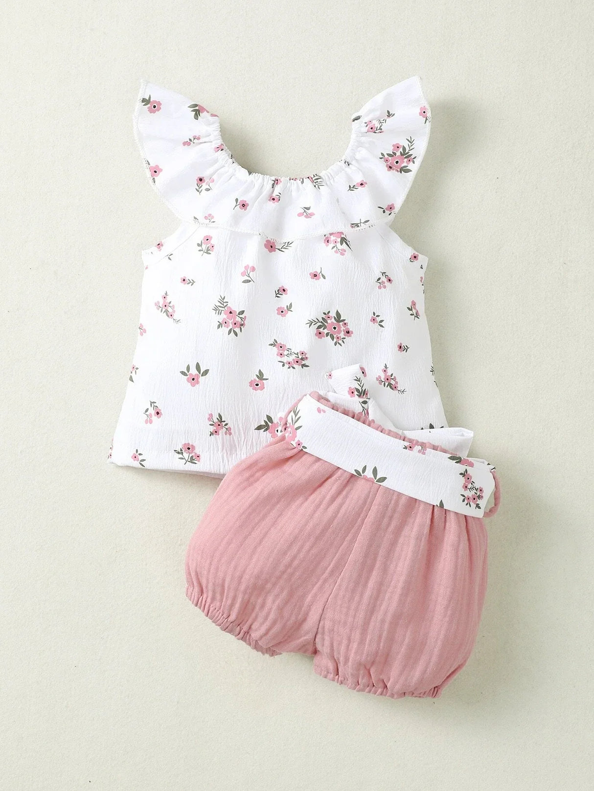Buy SHEIN Baby Girl Newborn Ditsy Floral Print Ruffle Trim Top & Shorts in Pakistan