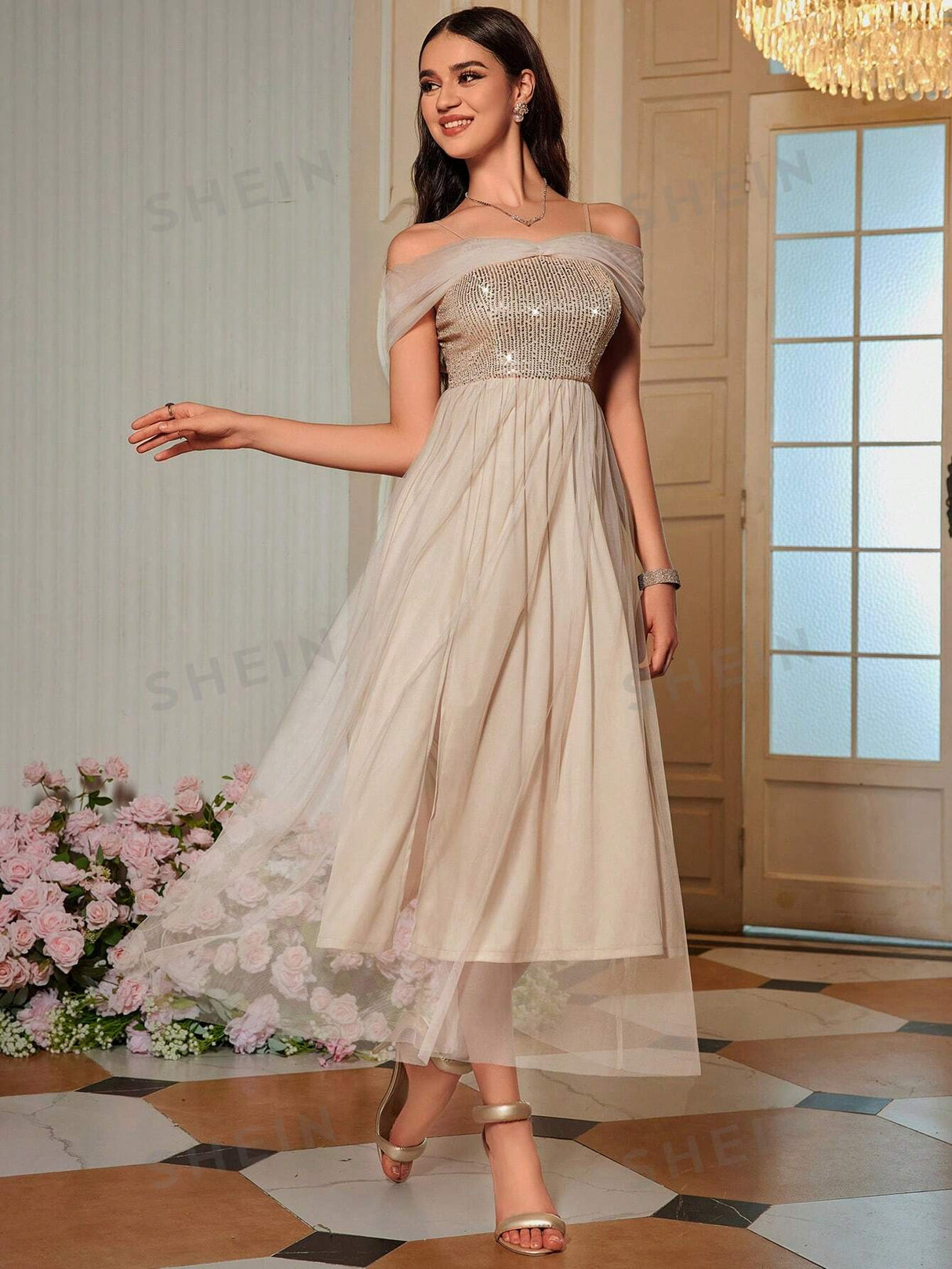 Buy SHEIN Belle Off Shoulder Contrast Sequin Mesh Bridesmaid Dress in Pakistan