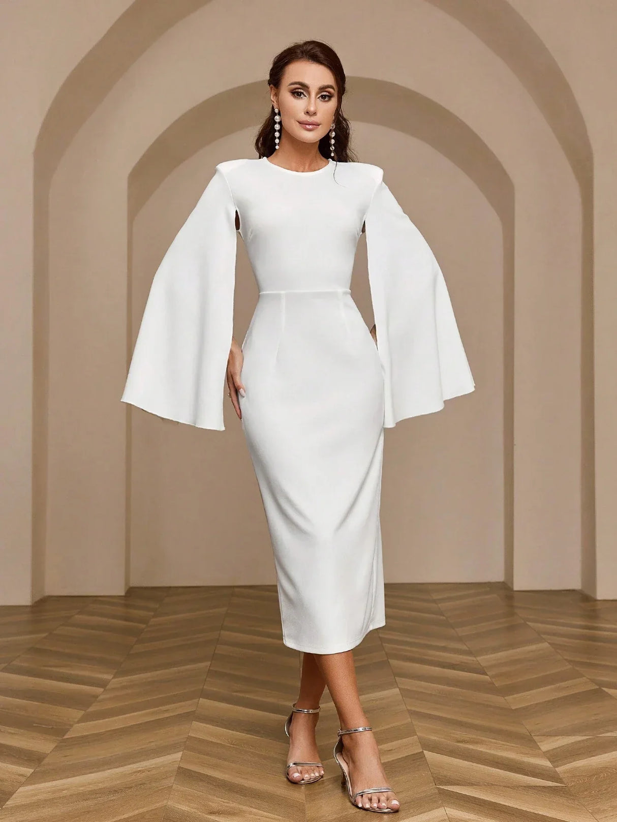 Buy SHEIN Belle Solid Color Cape Sleeve Long Dress With Round Neckline in Pakistan