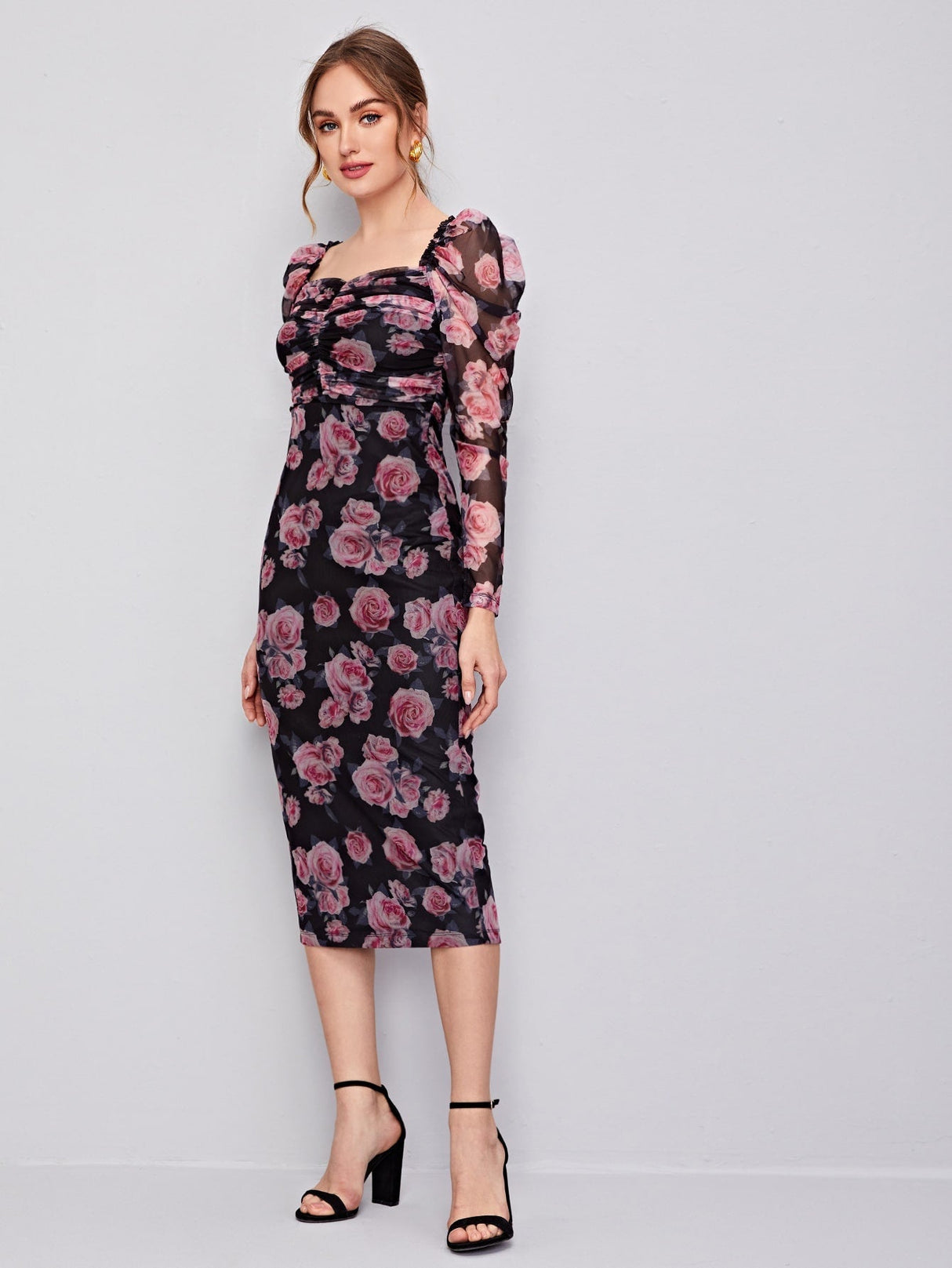 Buy SHEIN Clasi Ruched Detail Gigot Sleeve Floral Mesh Dress in Pakistan
