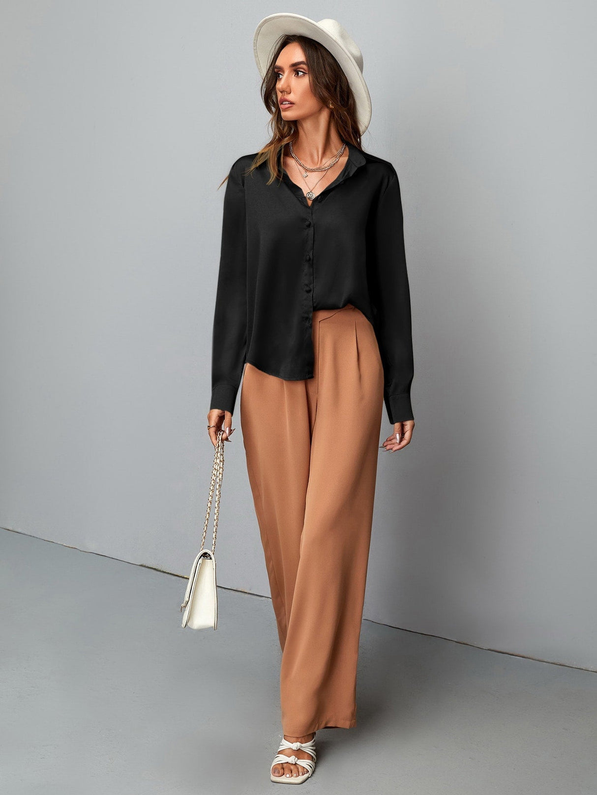 Buy SHEIN Clasi Satin Solid Button Up Shirt in Pakistan