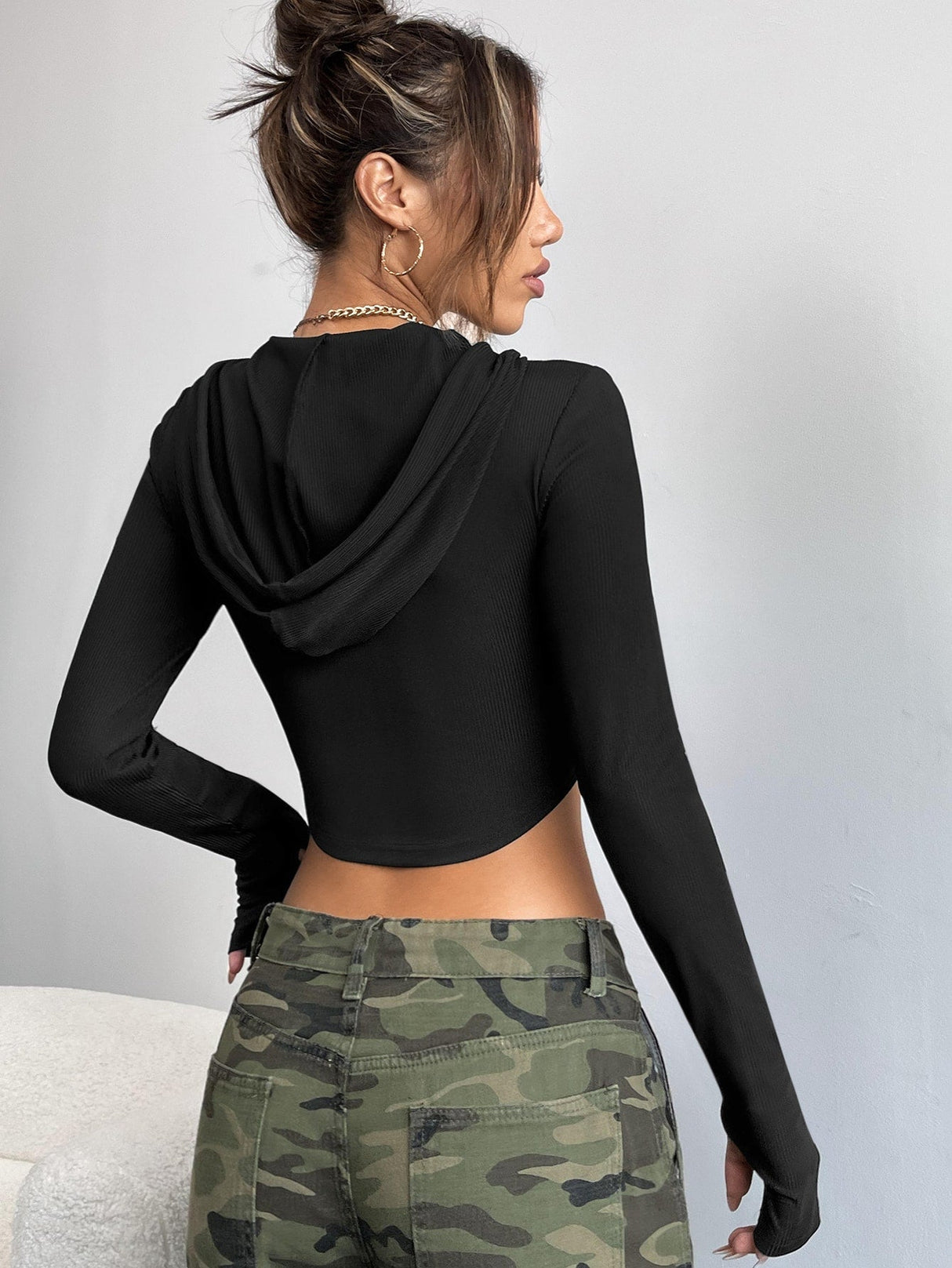 Buy SHEIN Coolane Ribbed Knit Zip Up Drawstring Hooded Crop Jacket in Pakistan