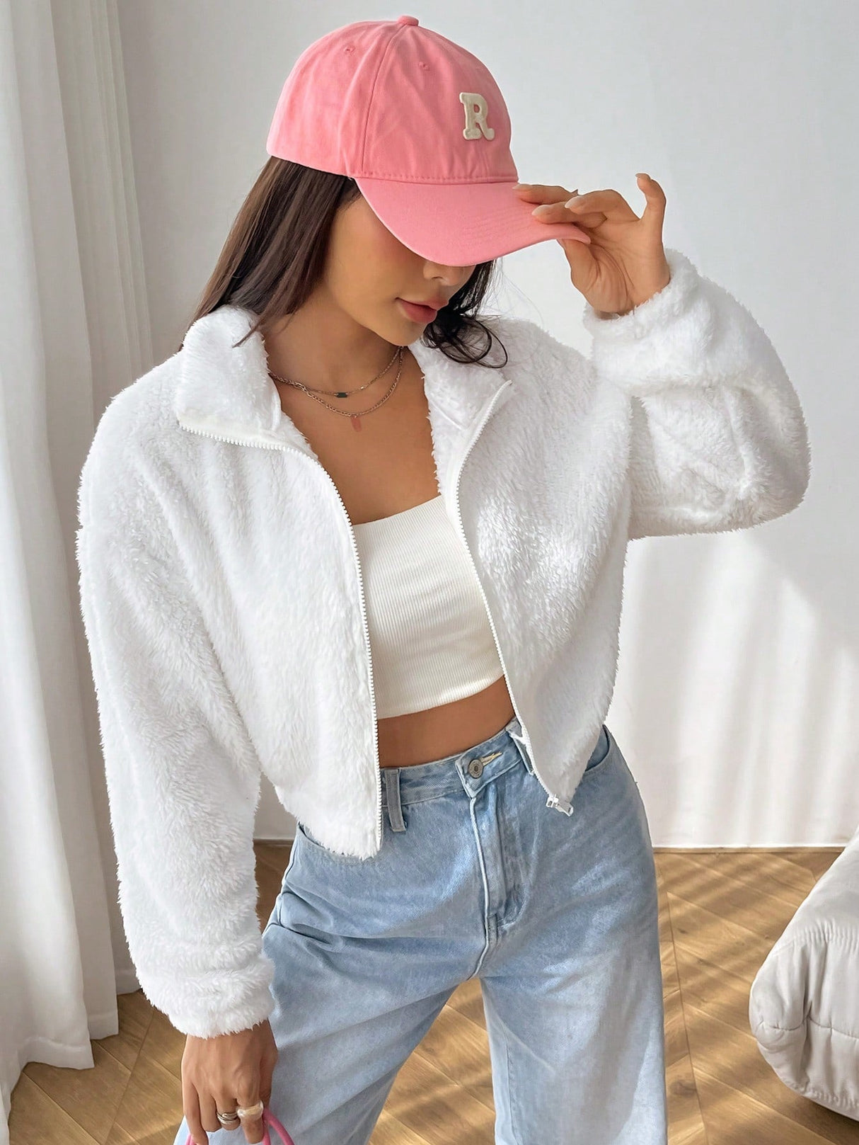Buy SHEIN EZwear Drop Shoulder Zip Up Drop Shoulder Teddy Jacket in Pakistan