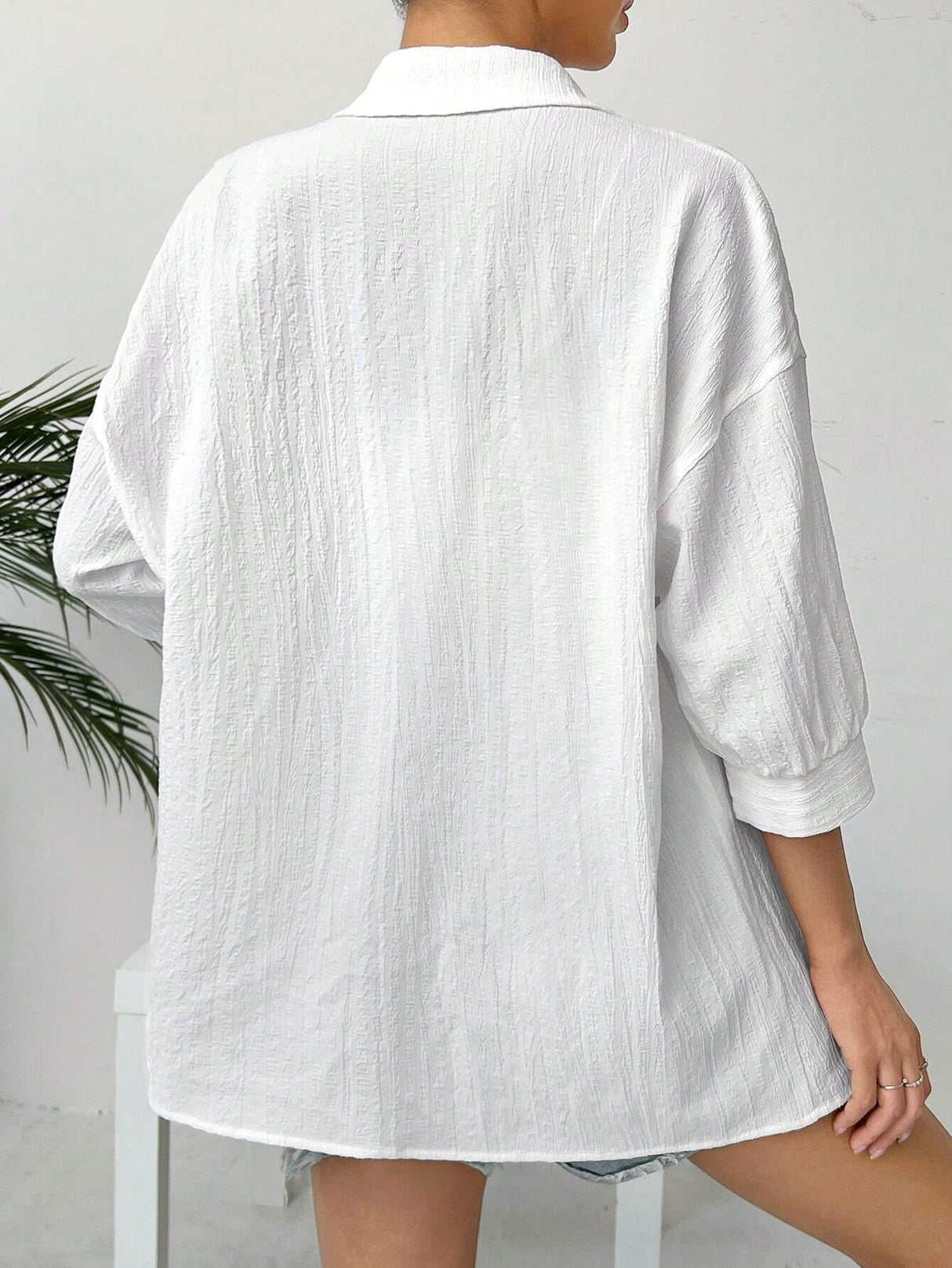 Buy SHEIN EZwear Linen Solid Drop Shoulder Button Front Beach Shirt in Pakistan
