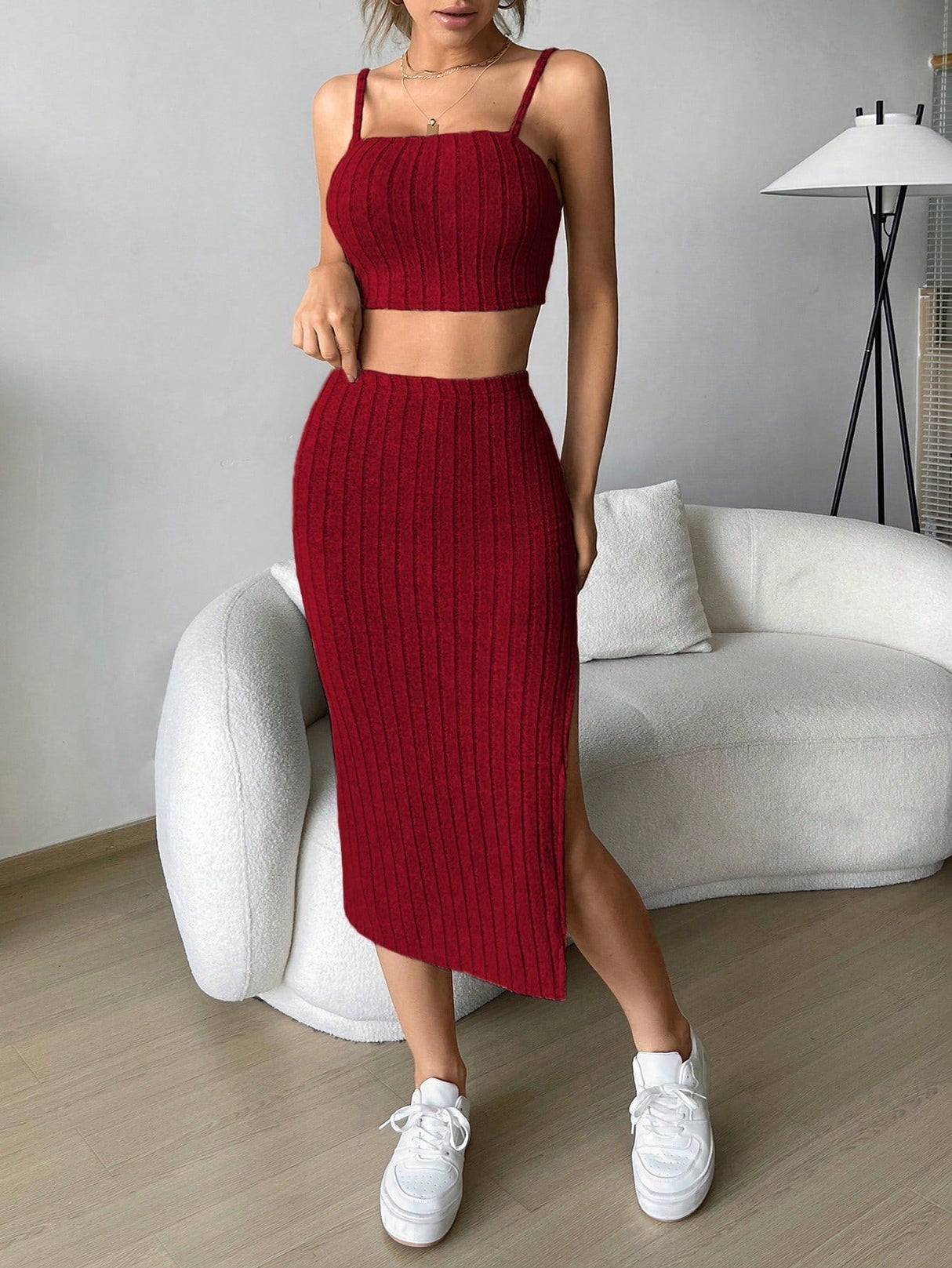 Buy SHEIN EZwear Solid Cami Top & Split Thigh Skirt in Pakistan