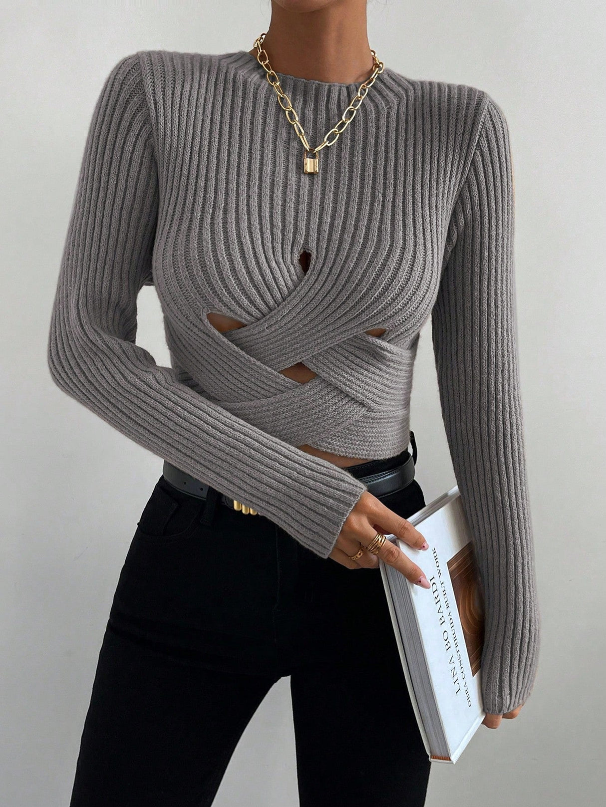 Buy SHEIN Essnce Crisscross Cut Out Ribbed Knit Crop Sweater in Pakistan