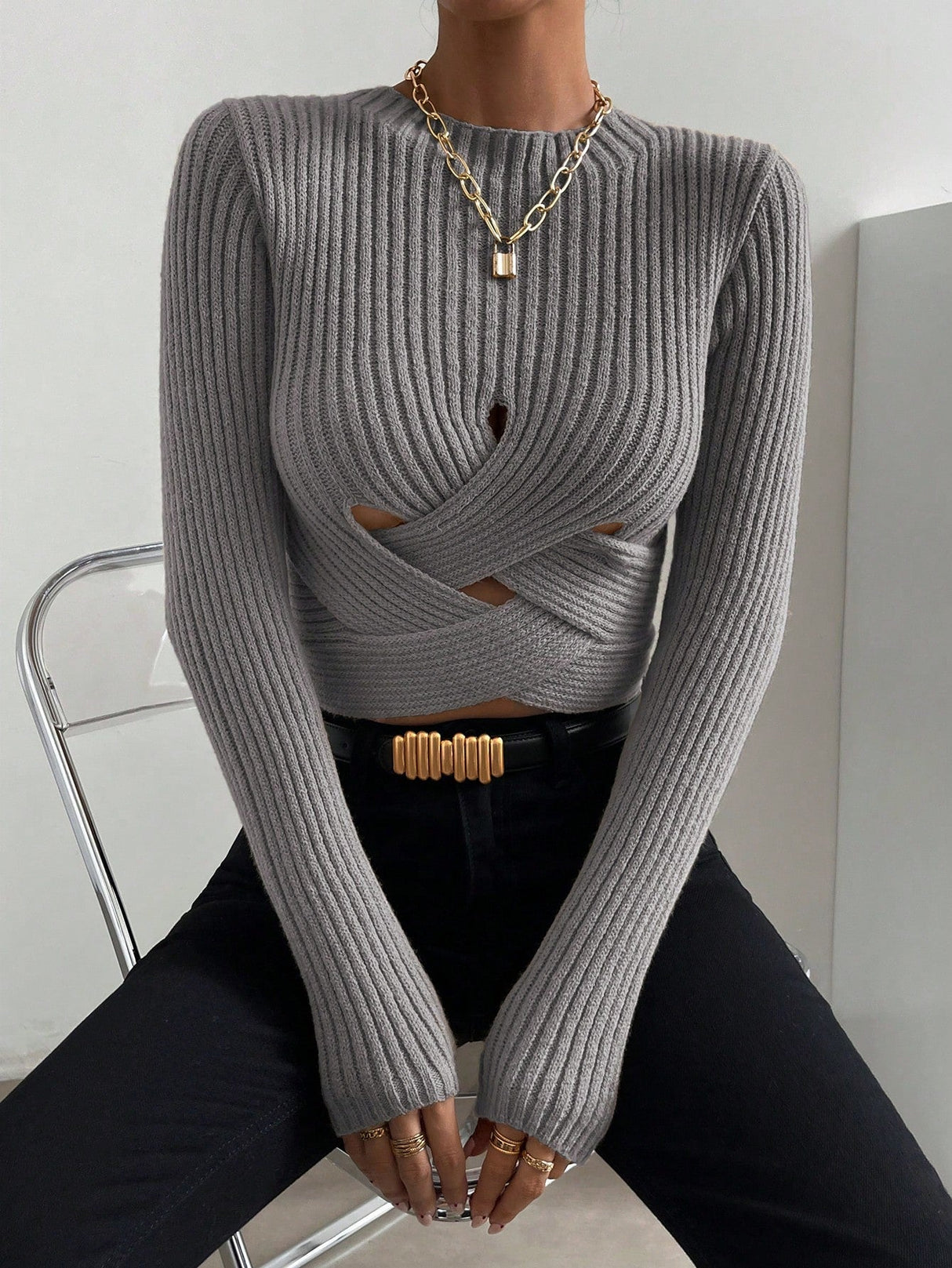 Buy SHEIN Essnce Crisscross Cut Out Ribbed Knit Crop Sweater in Pakistan