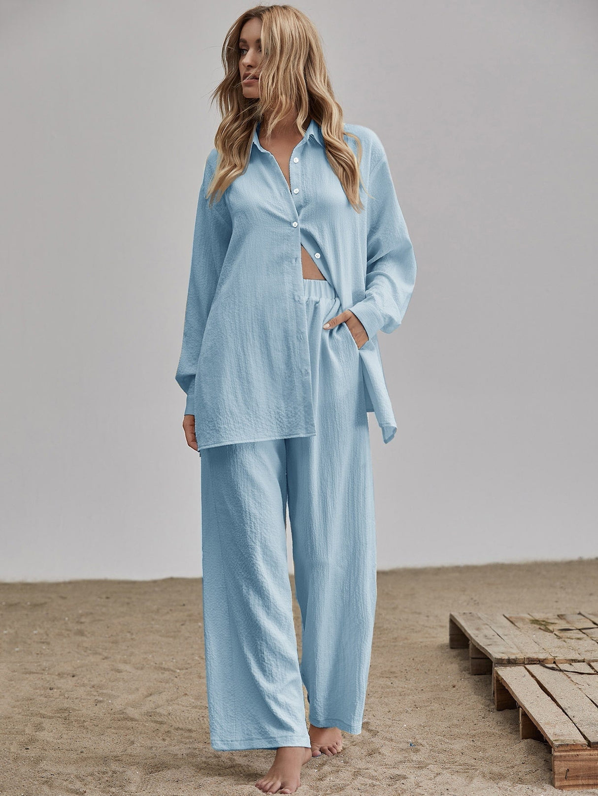 Buy SHEIN Essnce Slit Hem Longline Blouse & Wide Leg Trousers Set in Pakistan