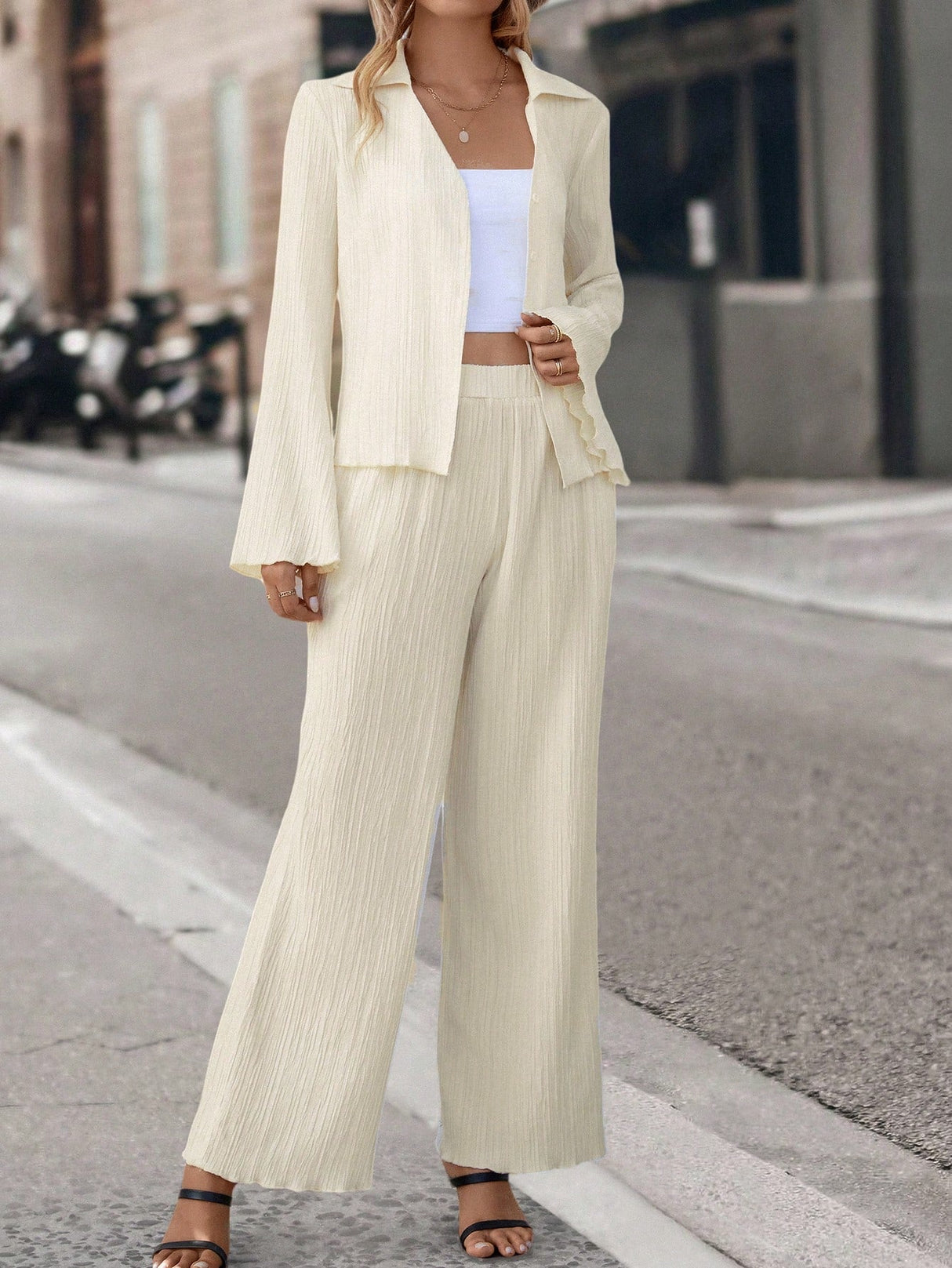 Buy SHEIN Essnce Solid Button Front Shirt & Wide Leg Pants in Pakistan