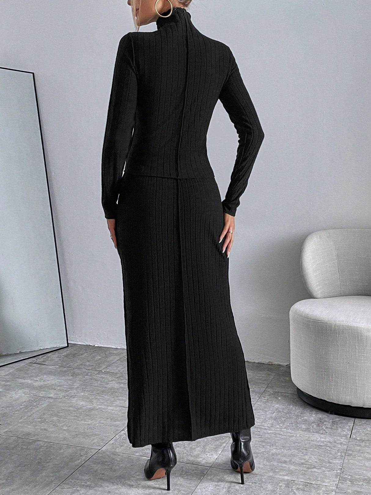 Buy SHEIN Essnce Solid High Neck Tee & Ribbed Skirt in Pakistan