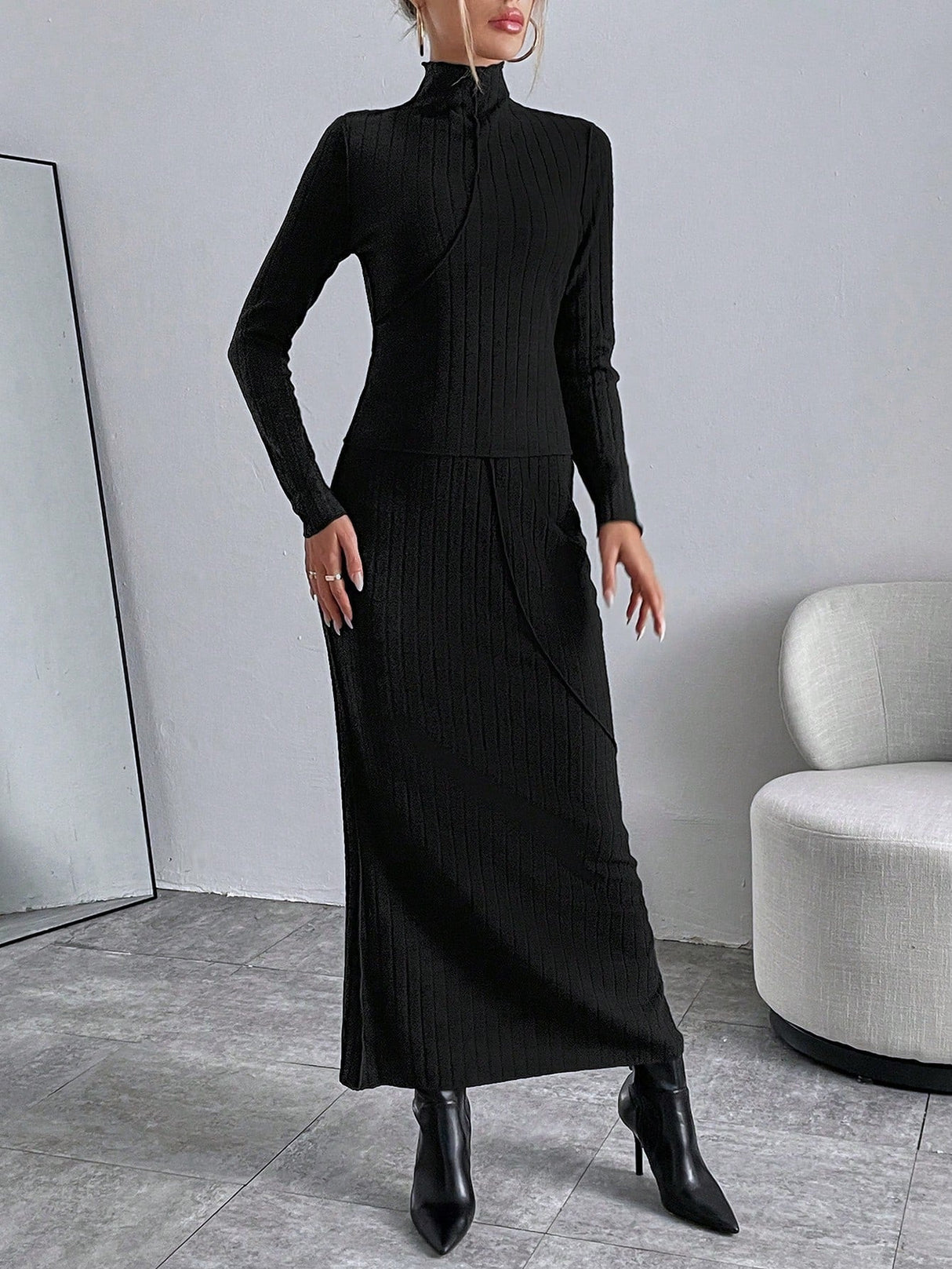 Buy SHEIN Essnce Solid High Neck Tee & Ribbed Skirt in Pakistan
