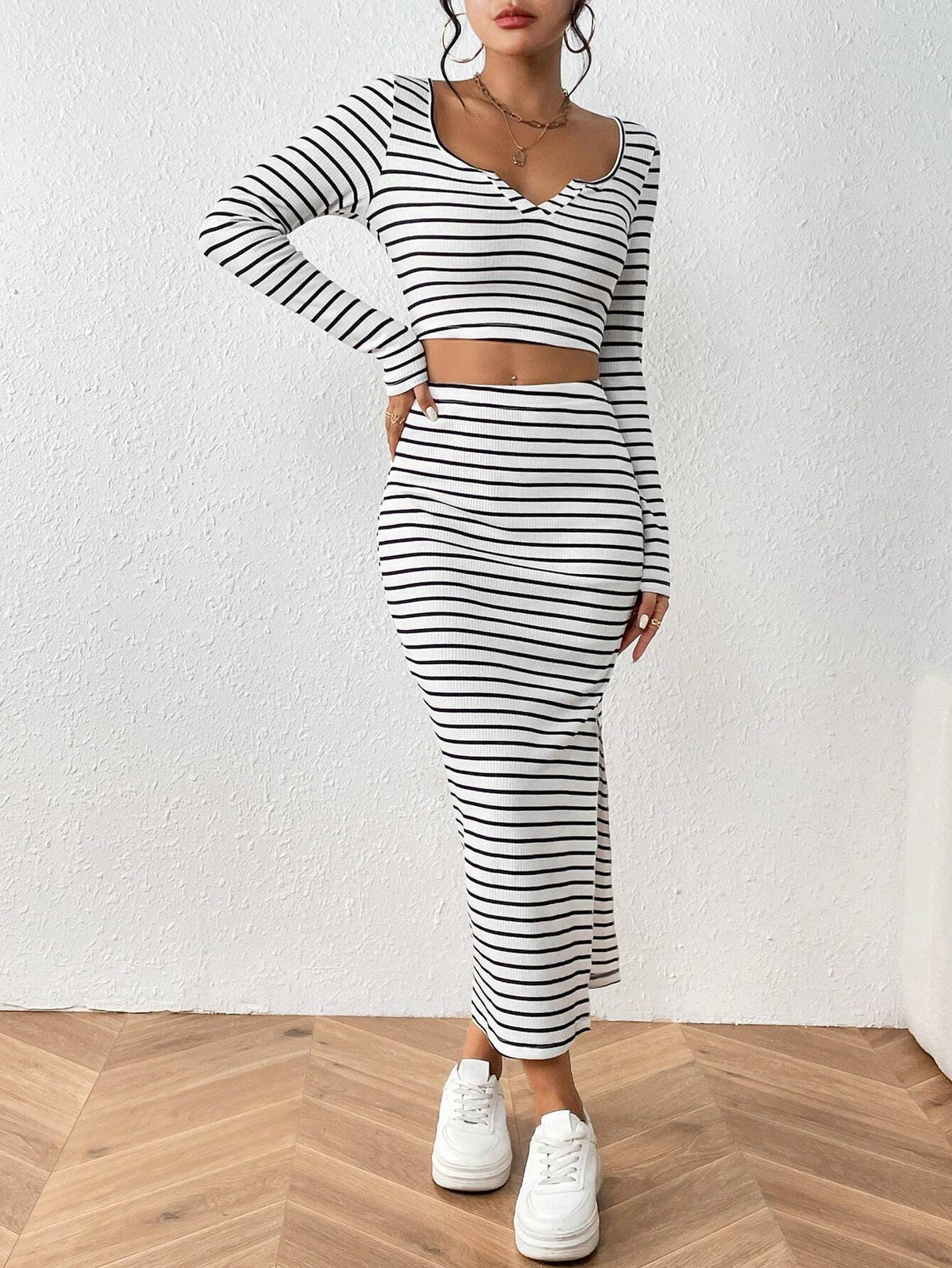 Buy SHEIN Essnce Striped Print Notched Neck Crop Tee & Split Thigh Skirt in Pakistan