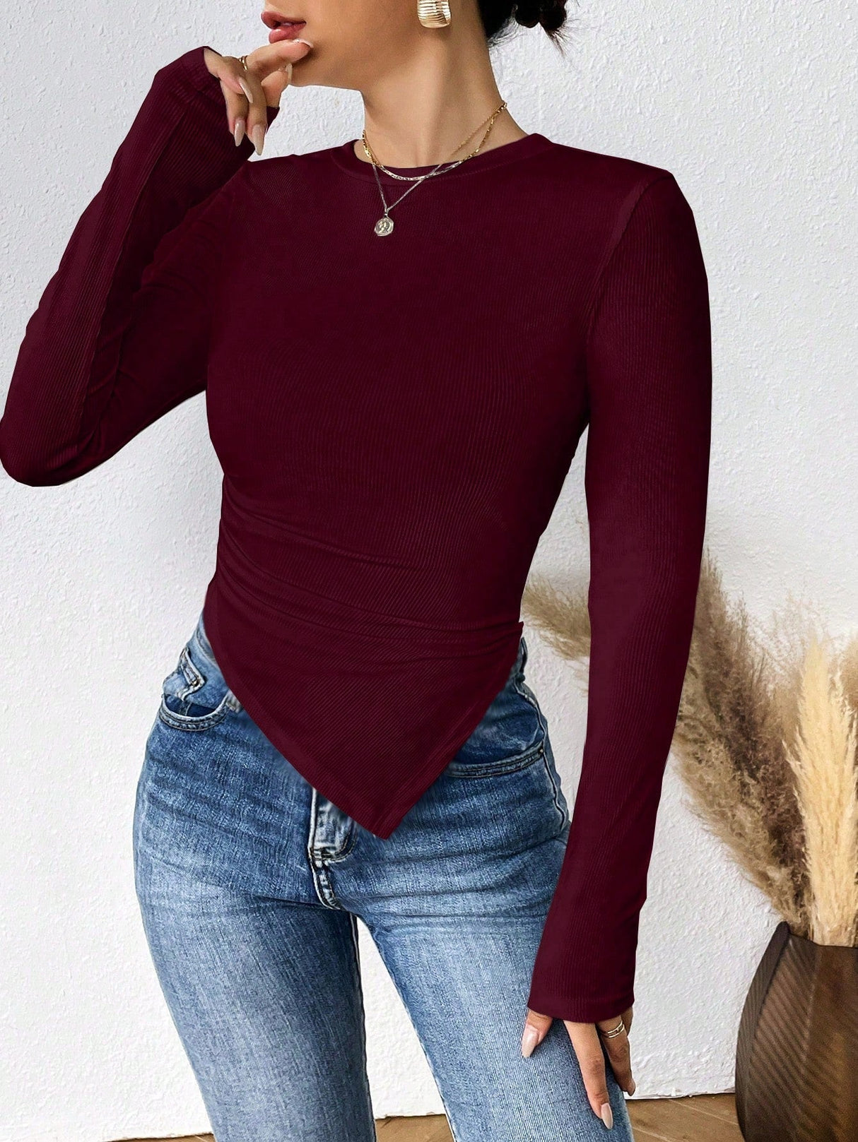 Buy SHEIN Essnce Women's Solid Color Asymmetric Hem T-shirt in Pakistan
