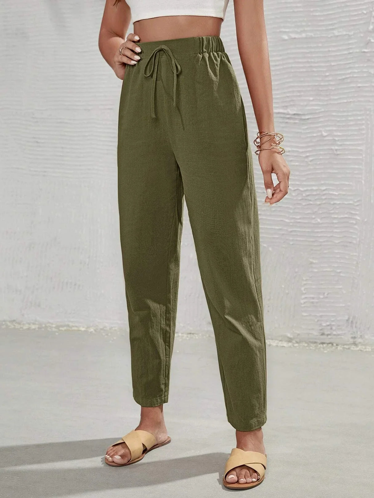 Buy SHEIN Frenchy High Waist Tie Front Tapered Pants in Pakistan