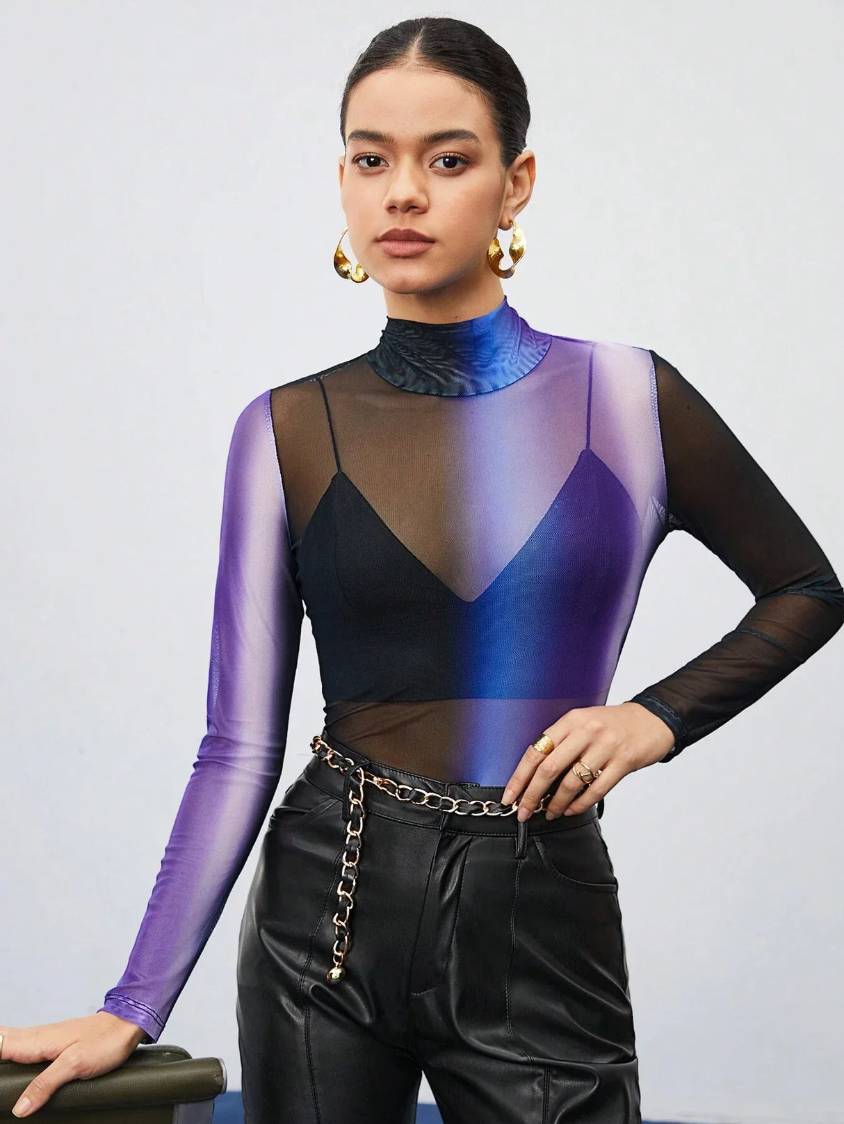 Buy SHEIN Maija Women'S Gradient Color Stand Collar See-Through Mesh Blouse in Pakistan