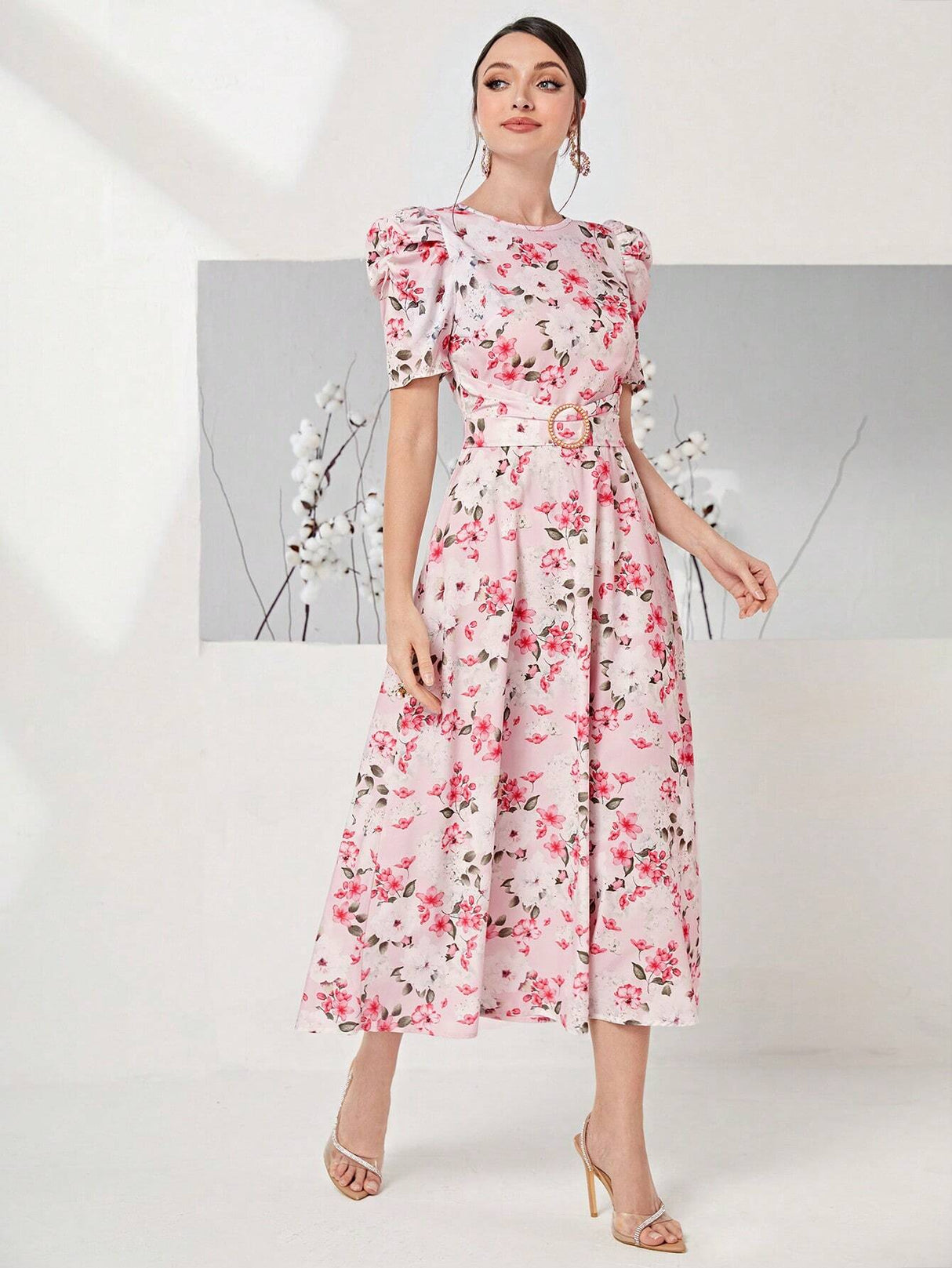 Buy SHEIN Modely Allover Floral Print Puff Sleeve Belted Dress in Pakistan