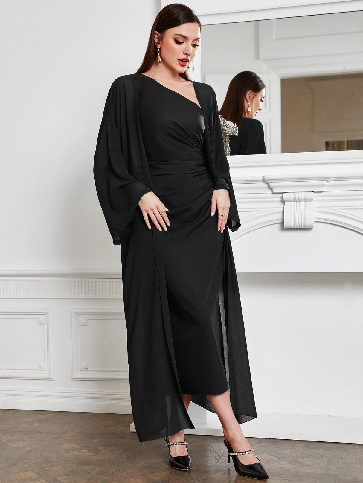 Buy SHEIN Modely Batwing Sleeve Coat & One Shoulder Ruched Dress in Pakistan