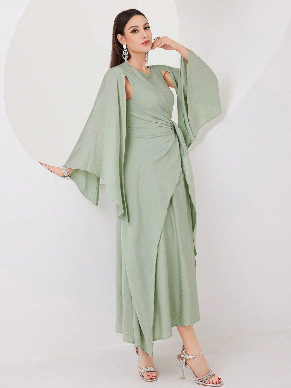Buy SHEIN Modely Cloak Sleeve Knot Side Green Modest Dress in Pakistan