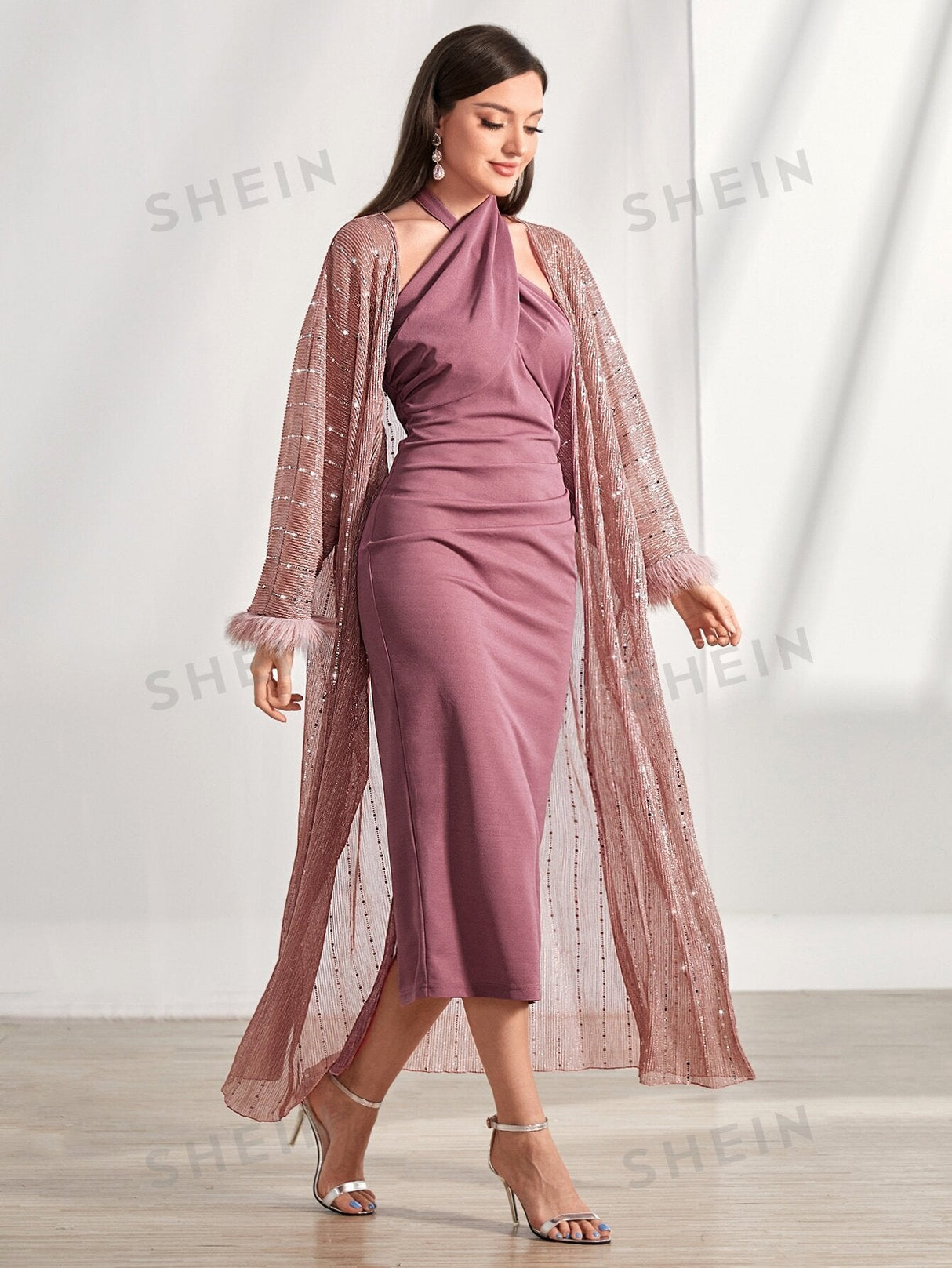 Buy SHEIN Modely Contrast Sequin Fuzzy Cuff Coat & Bodycon Dress in Pakistan
