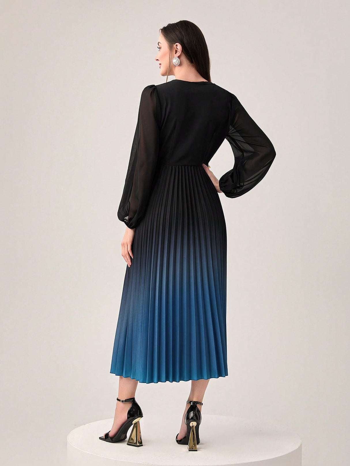 Buy SHEIN Modely Ombre Print Lantern Sleeve Pleated Hem Dress Without Belt in Pakistan