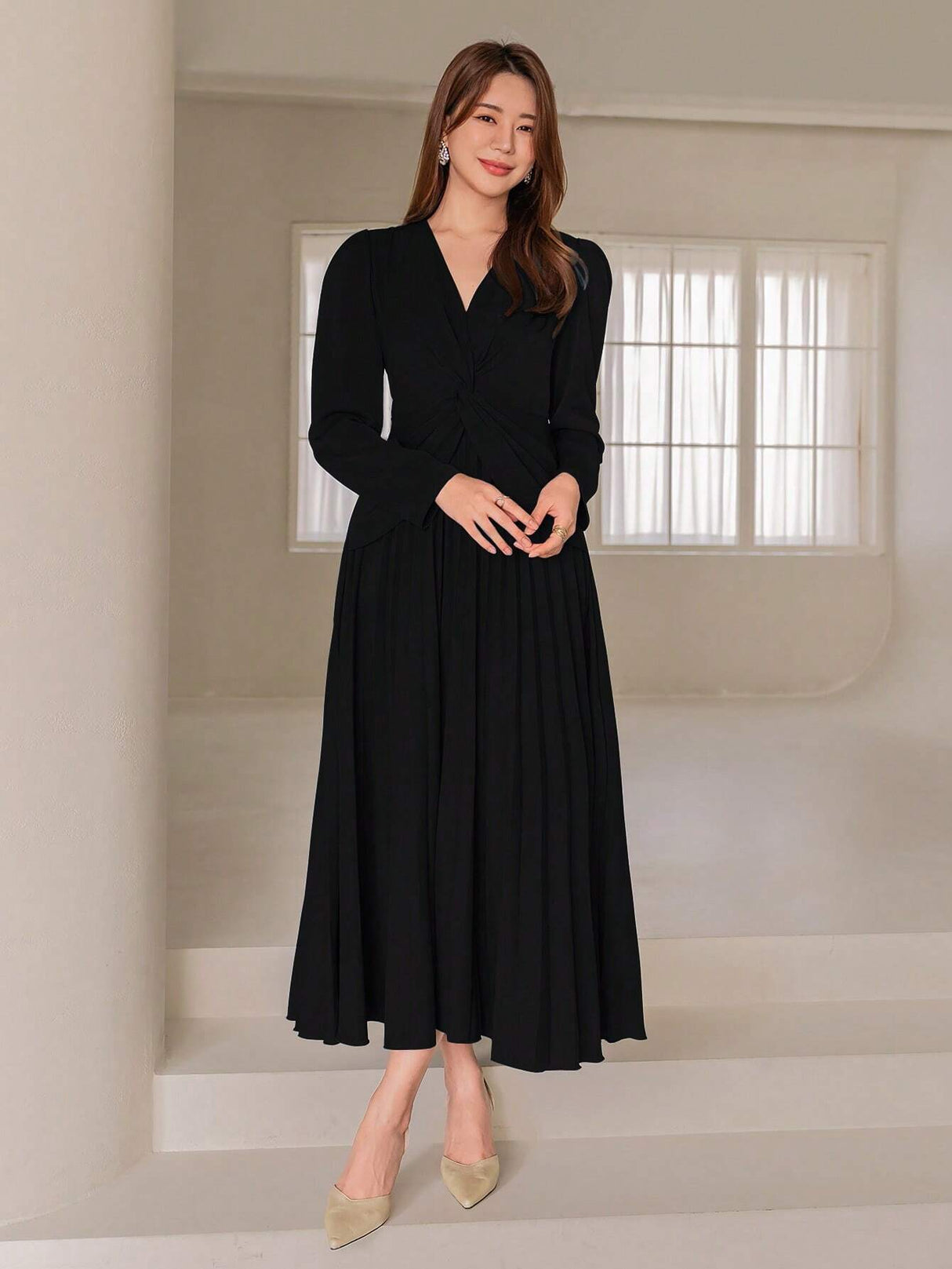 Buy SHEIN Modely V-Neckline Twisted Detailing Ruffle Hem Long Sleeve Dress in Pakistan