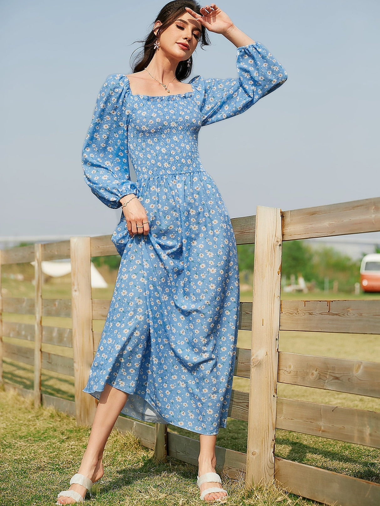 Buy SHEIN Mulvari Ditsy Floral Print Shirred Dress in Pakistan