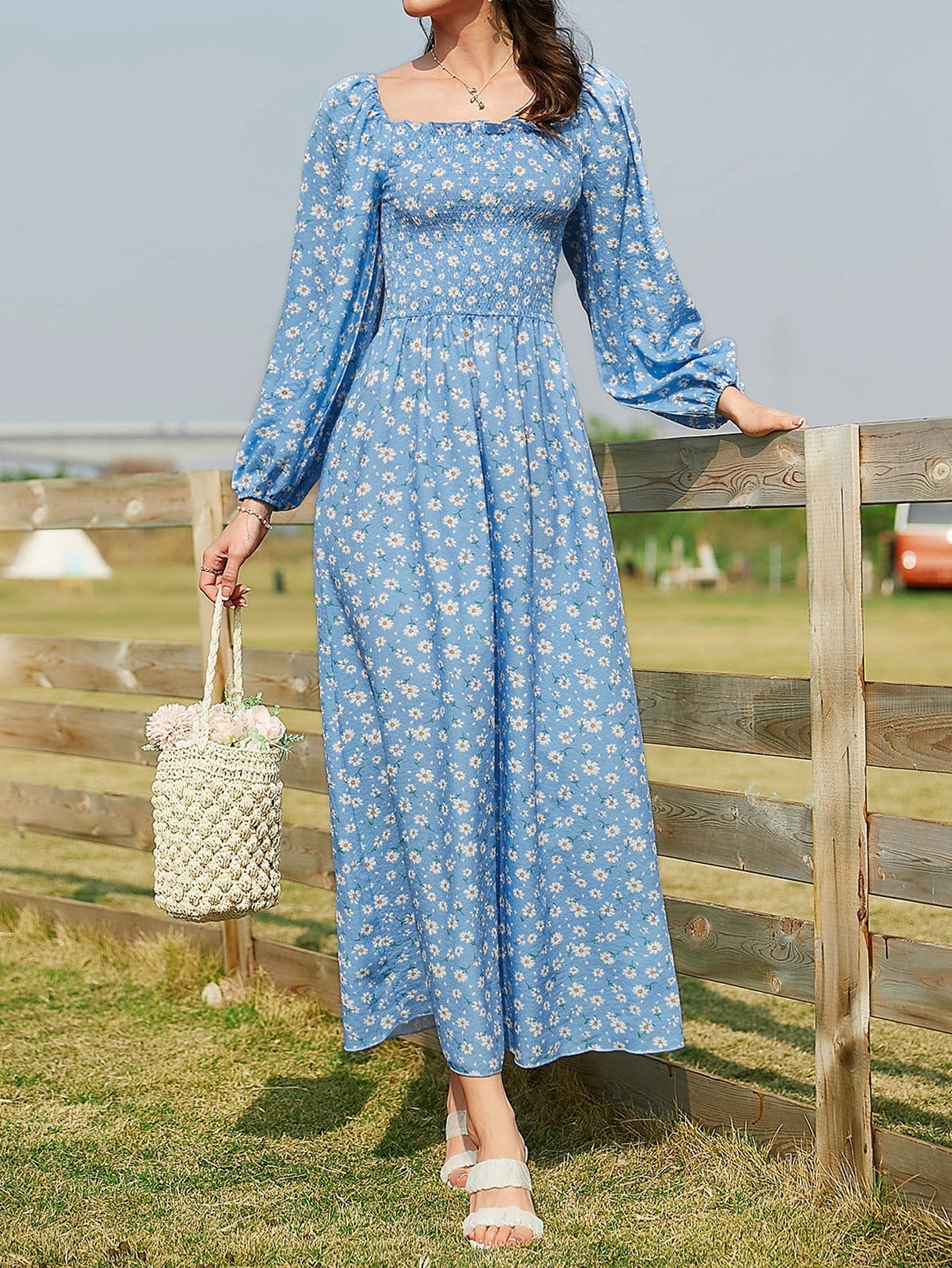 Buy SHEIN Mulvari Ditsy Floral Print Shirred Dress in Pakistan