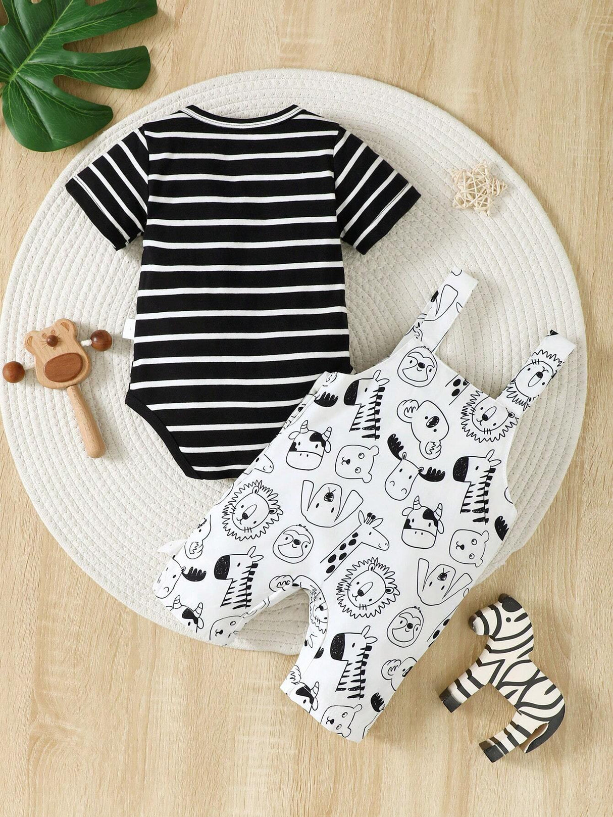 Buy SHEIN Newborn Baby Boys' Striped Knit Comfortable Romper And Cute Animal Printed Dungaree Set For Summer in Pakistan
