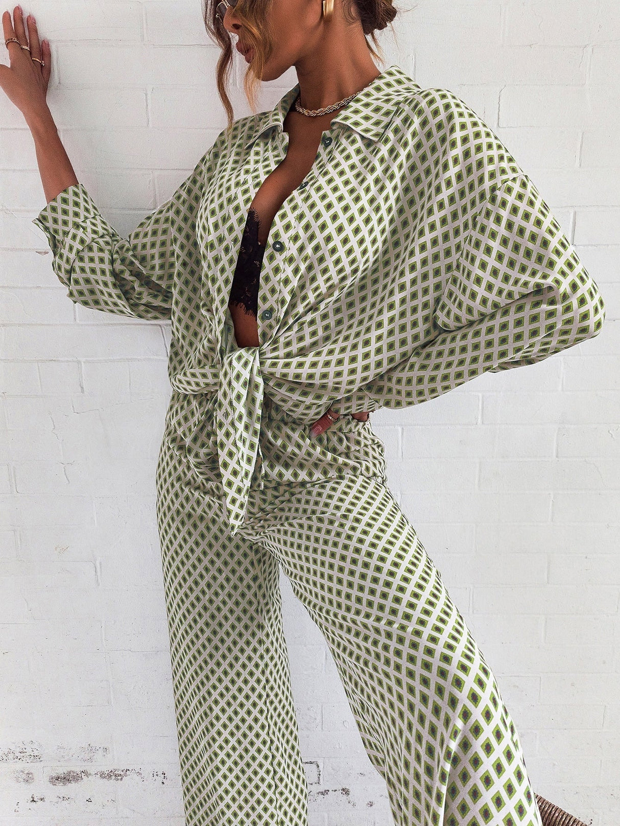 Buy SHEIN Privé Argyle Print Drop Shoulder Blouse & Wide Leg Pants in Pakistan