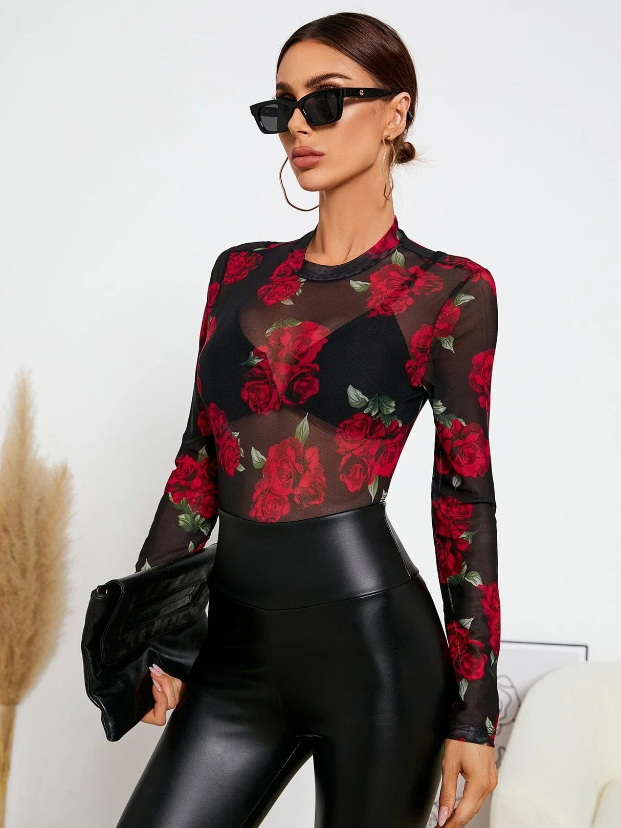 Buy SHEIN Privé Floral Print Crew Neck Mesh Top Without Bra in Pakistan