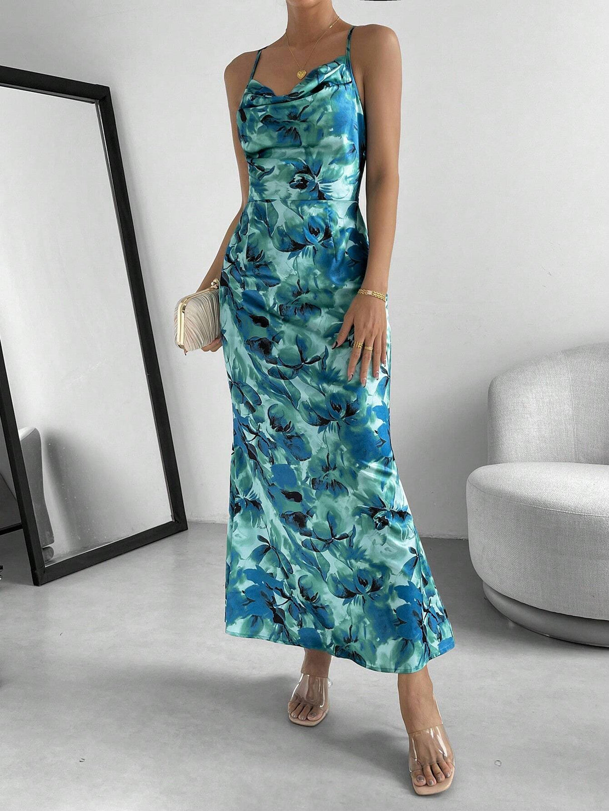 Buy SHEIN Priv̩ Floral Print Draped Collar Cami Dress in Pakistan