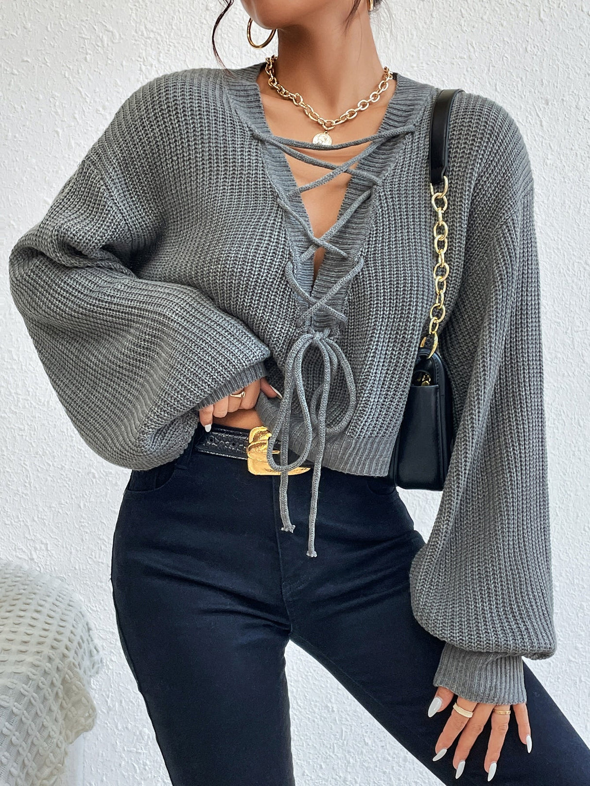 Buy SHEIN Privé Lace Up Front Drop Shoulder Sweater in Pakistan