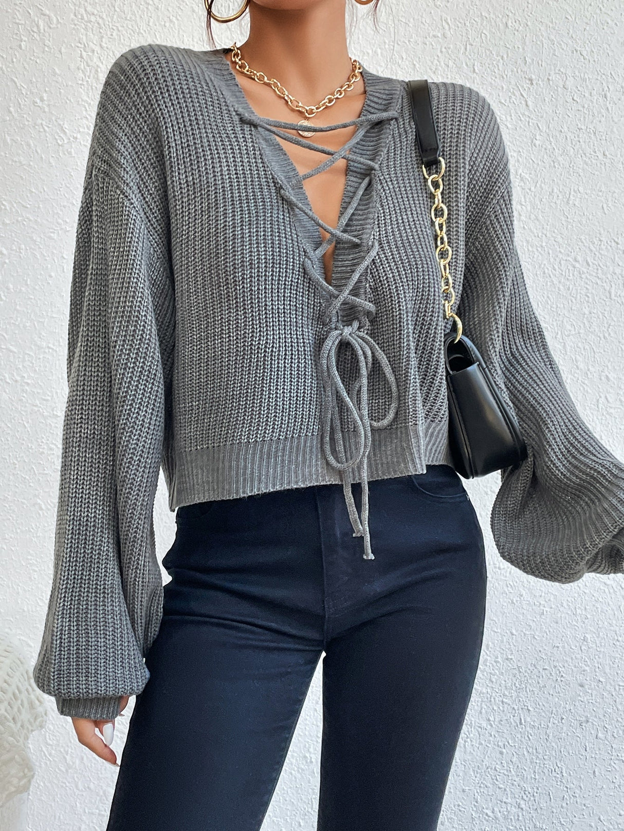 Buy SHEIN Privé Lace Up Front Drop Shoulder Sweater in Pakistan