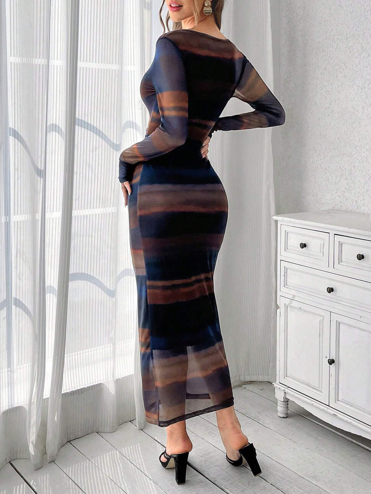 Buy SHEIN Priv̩ Mesh Gradient Print Pleated Bodycon Dress in Pakistan