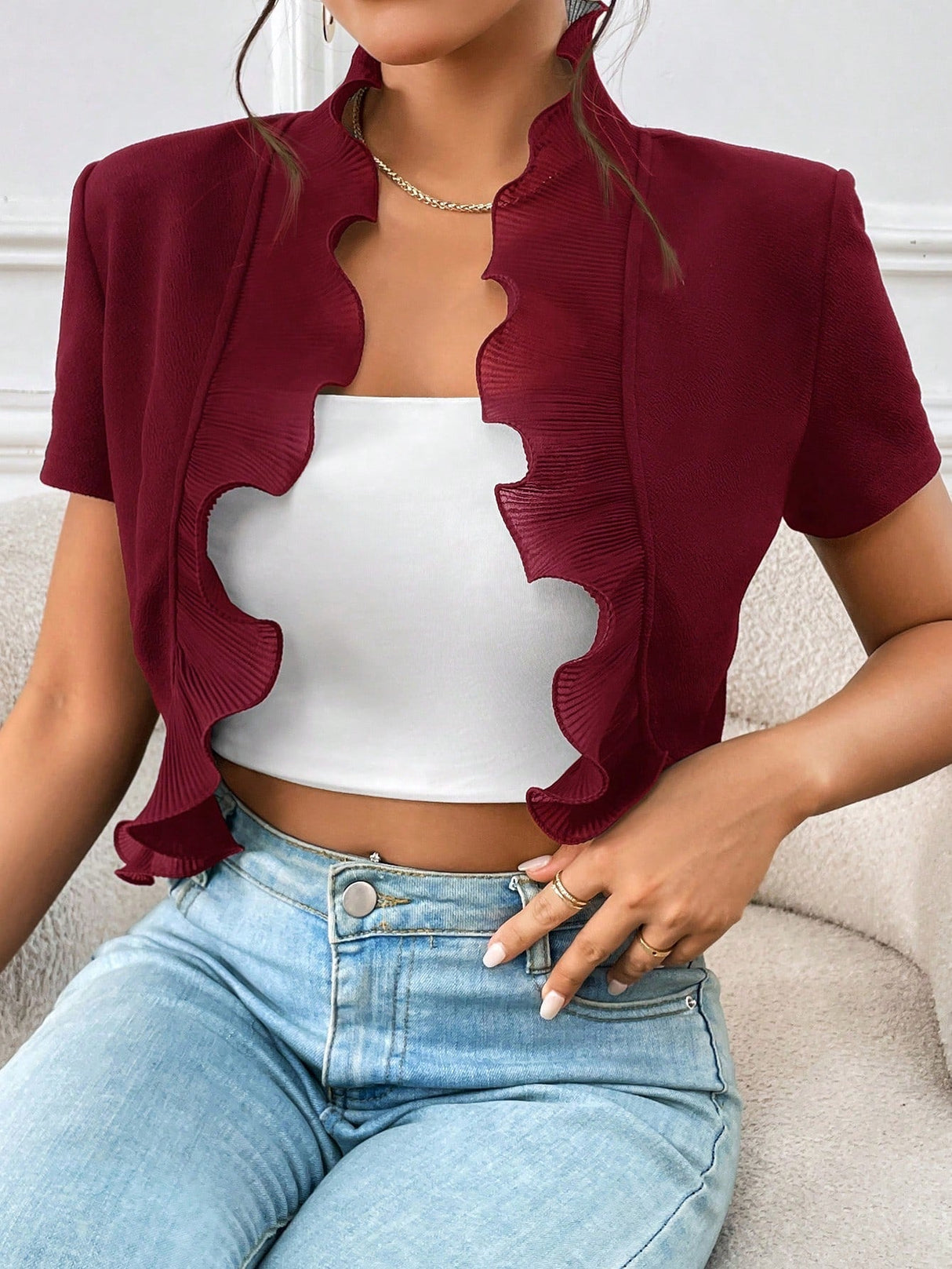 Buy SHEIN Privé Ruffle Trim Open Front Crop Jacket in Pakistan