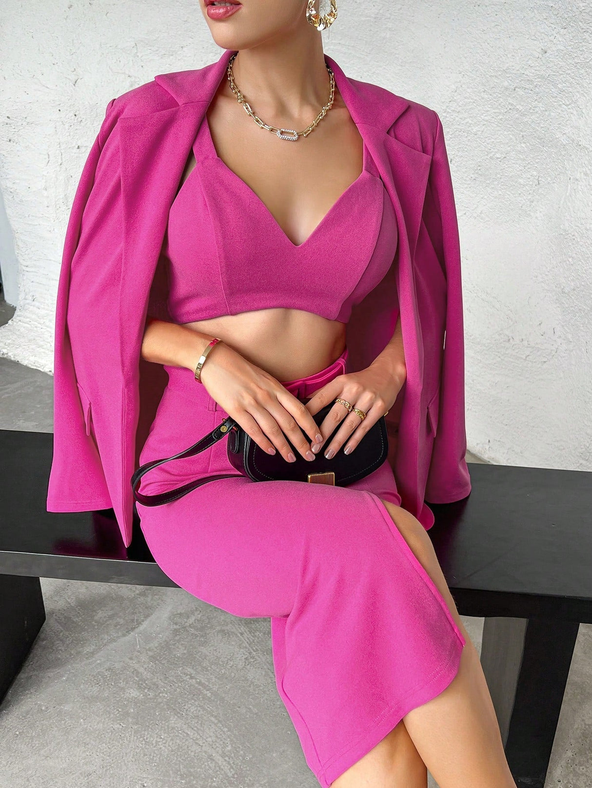 Buy SHEIN Privé Solid Cami Top & Split Thigh Skirt & Blazer in Pakistan